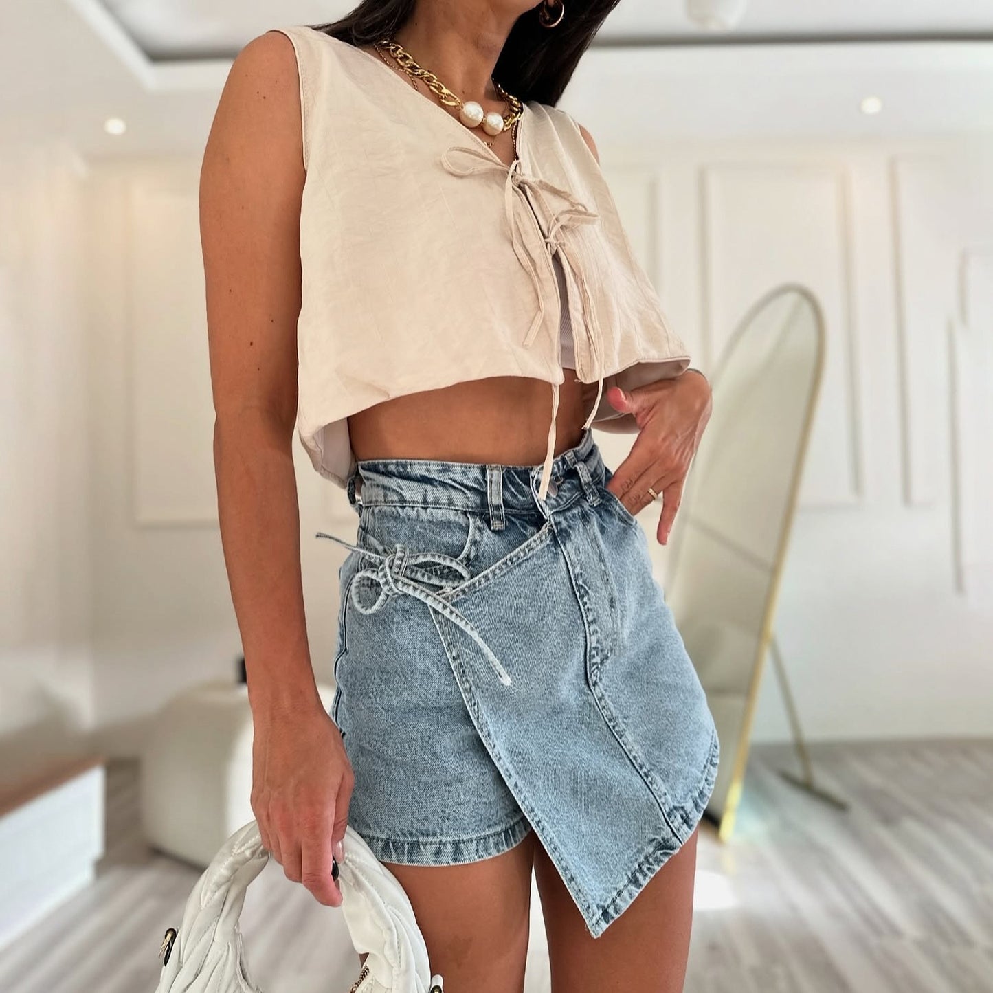 n trendy brand design sense lace-up dislocation fake two-piece jeans skirt short high waist irregular Spice girl retro woman