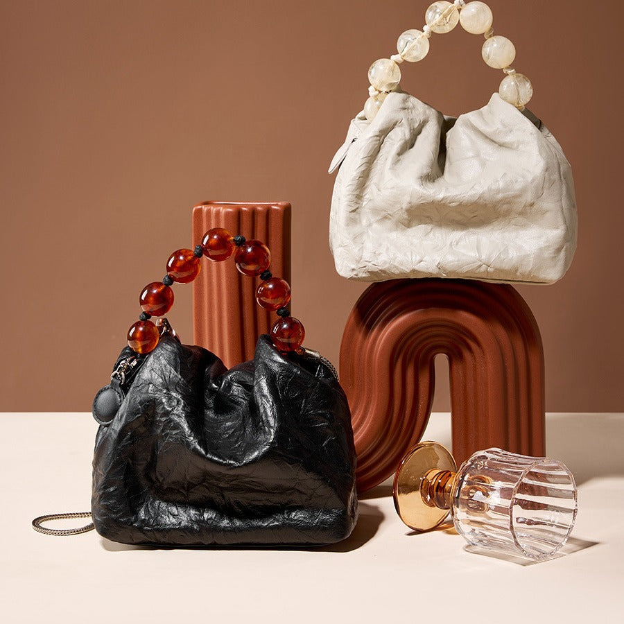 vlovelaw New Chinese Style Beads Hand Holding Dinner Bag Cloud Bag Armpit Dumpling Bag Hand Grip Pattern Top Layer Cowhide Messenger Bag