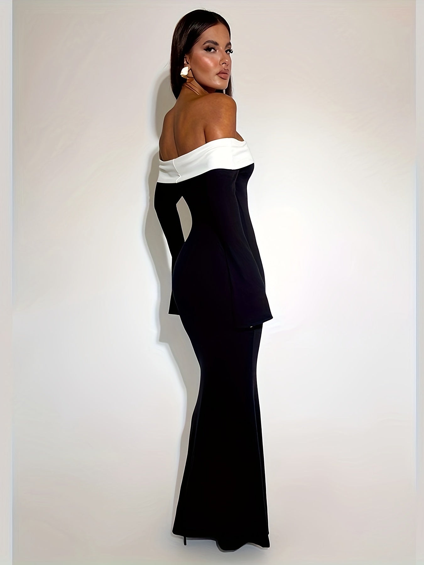 vlovelaw Contrast Trim Off Shoulder Dress, Elegant Long Sleeve Bodycon Maxi Dress For Party & Banquet, Women's Clothing
