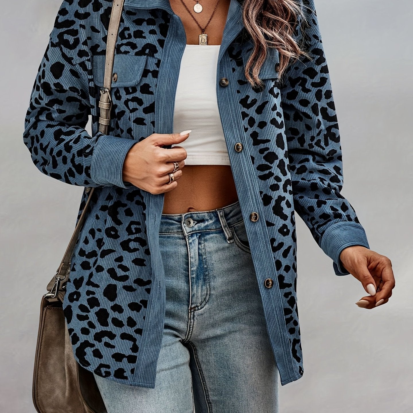 vlovelaw Leopard Print Shacket Jacket, Casual Button Front Turn Down Collar Long Sleeve Outerwear, Women's Clothing