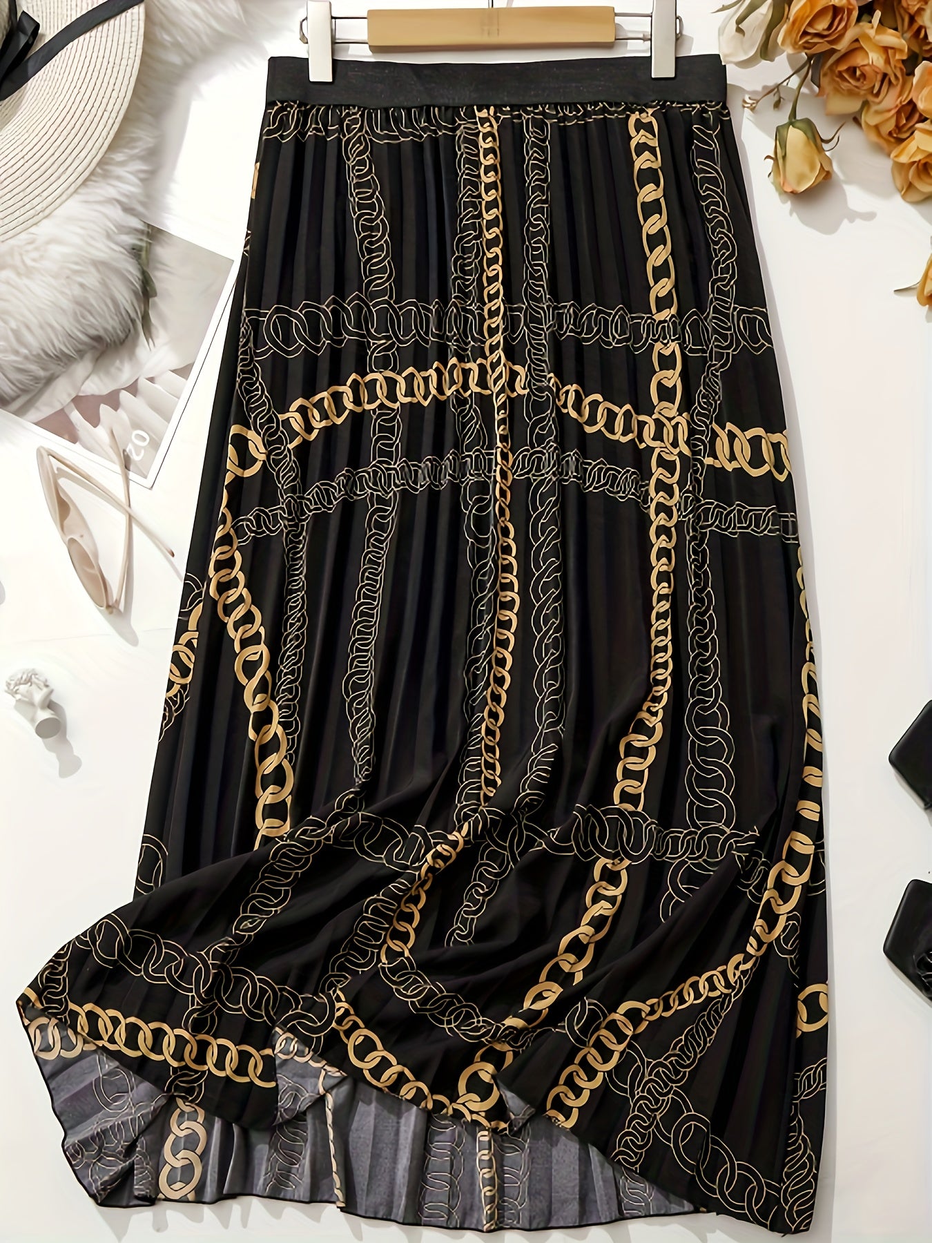 Plus Size Elegant Skirt, Women's Plus Baroque Print Slight Stretch Contrast Tape Pleated Maxi Skirt