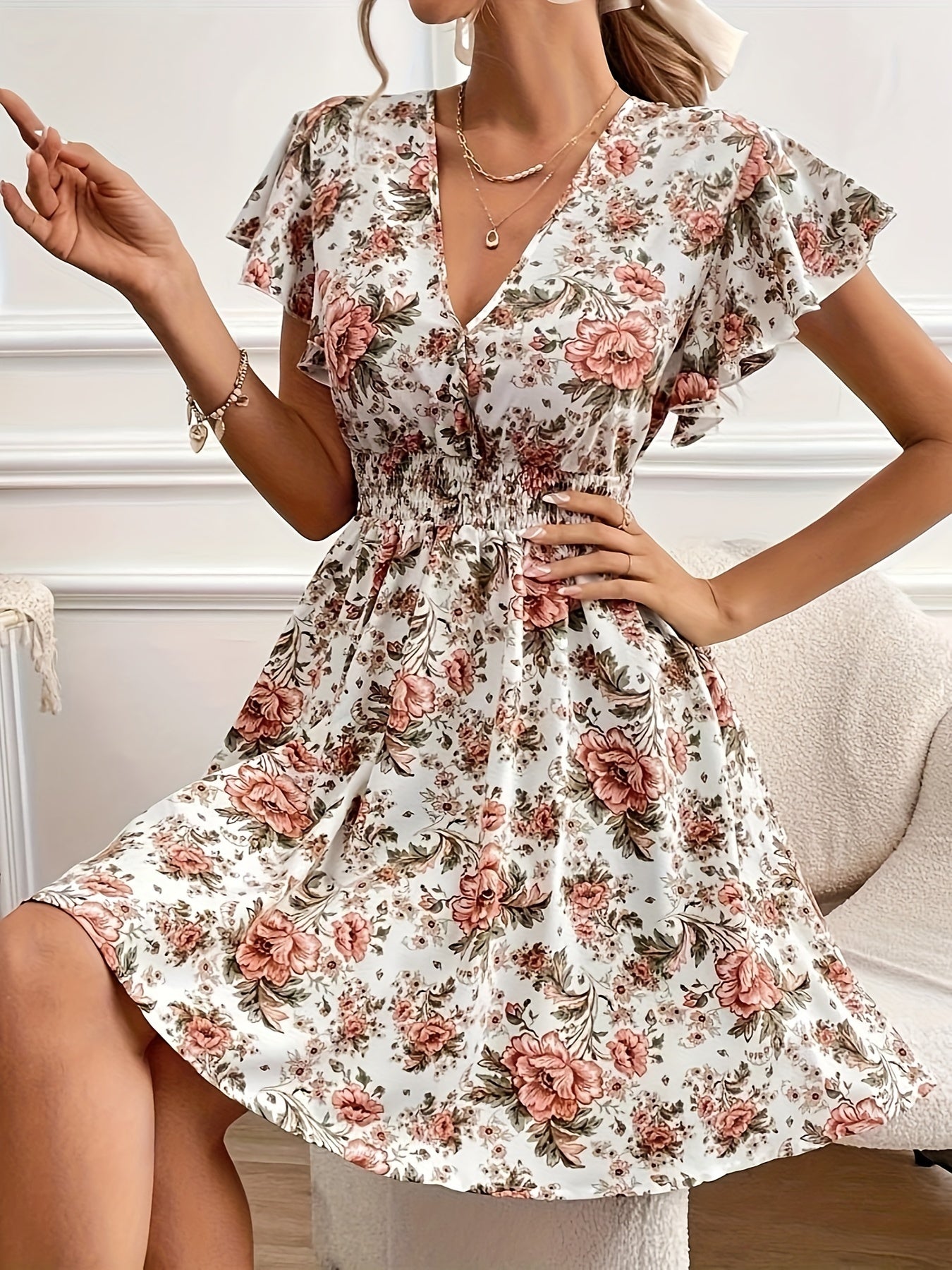 vlovelaw Floral Print Shirred Waist Dress, Elegant Ruffle Sleeve V Neck Dress Spring & Summer, Women's Clothing