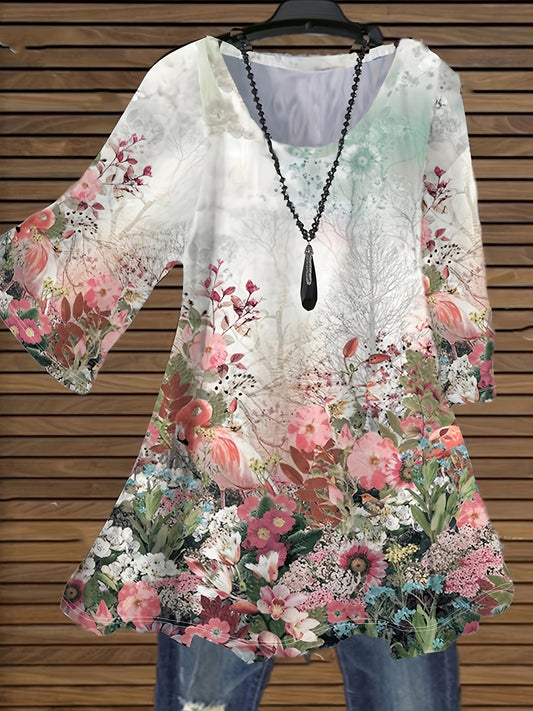 Plus Size Casual T-shirt, Women's Plus Floral Print Long Sleeve Round Neck Slight Stretch T-shirt