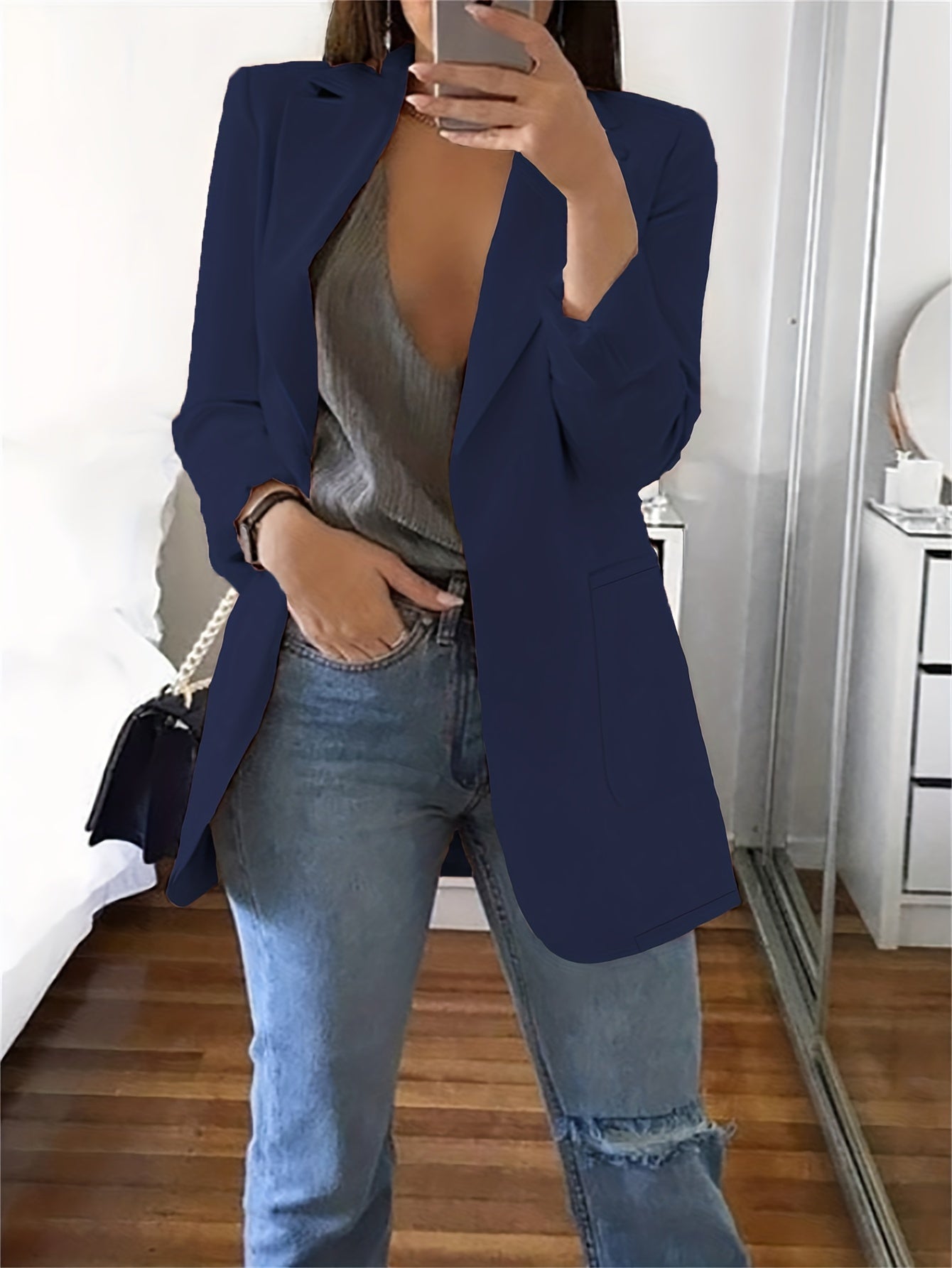 Solid Lapel Blazer, Casual Long Sleeve Open Front Work Office Outerwear, Women's Clothing