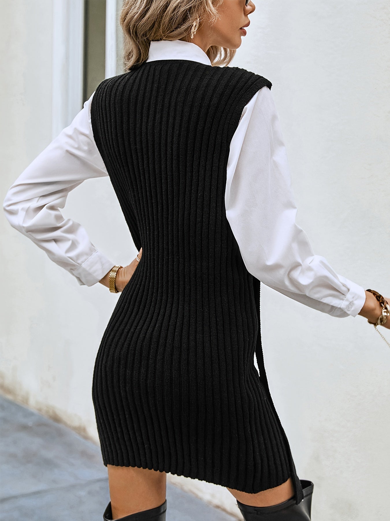 Ribbed Button Decor Knitted Tank Dress, Casual Streamer Sleeveless Above Knee Dress, Women's Clothing
