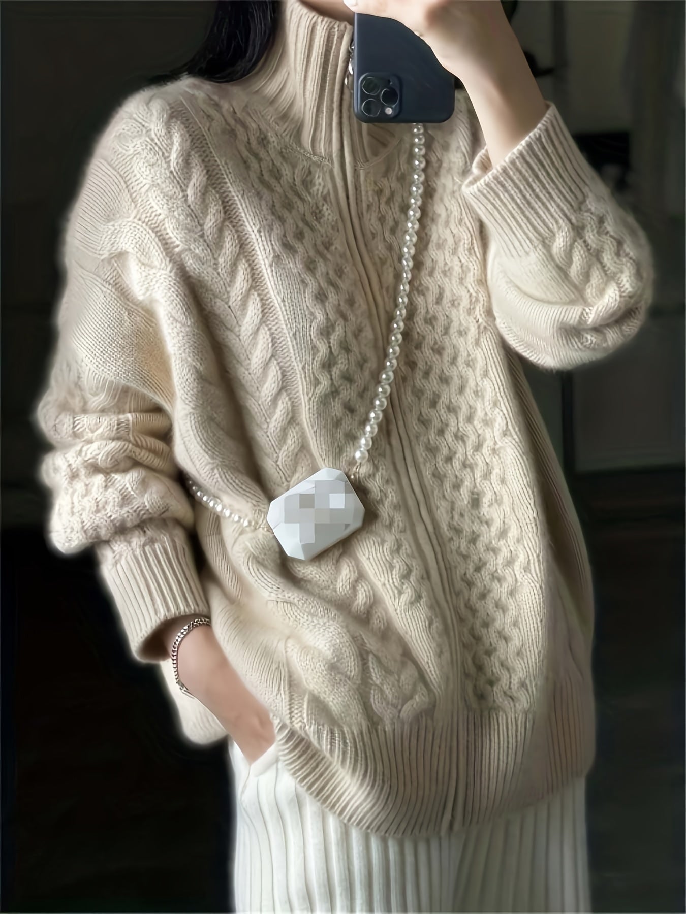 vlovelaw Cable Knit Zip Up Loose Cardigan, Casual Long Sleeve Turtle Neck Sweater Coat, Women's Clothing