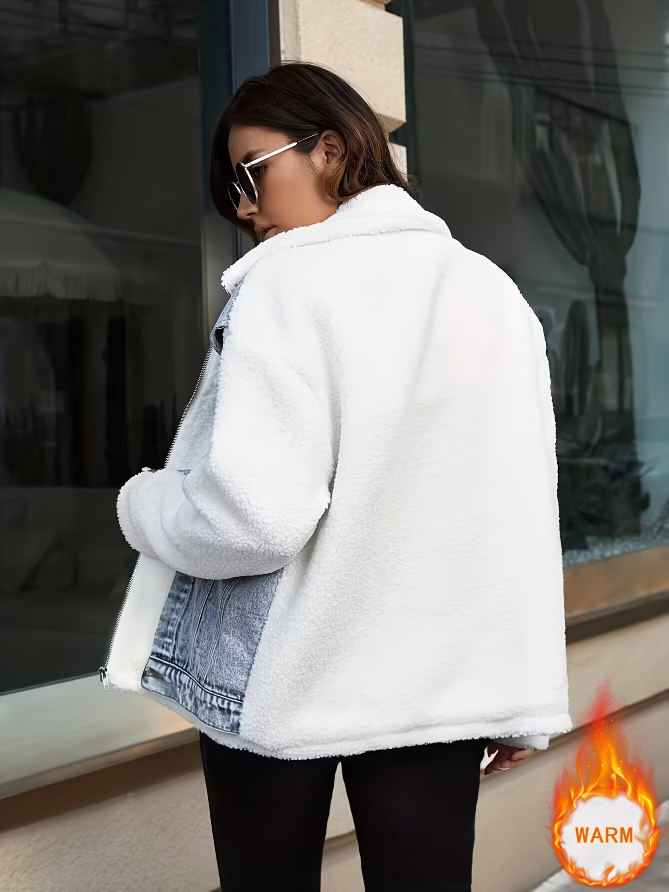White & Blue Panel Denim Jackets, Furry Drop Shoulder Casual Fluffy Denim Coats, Women's Denim Clothing