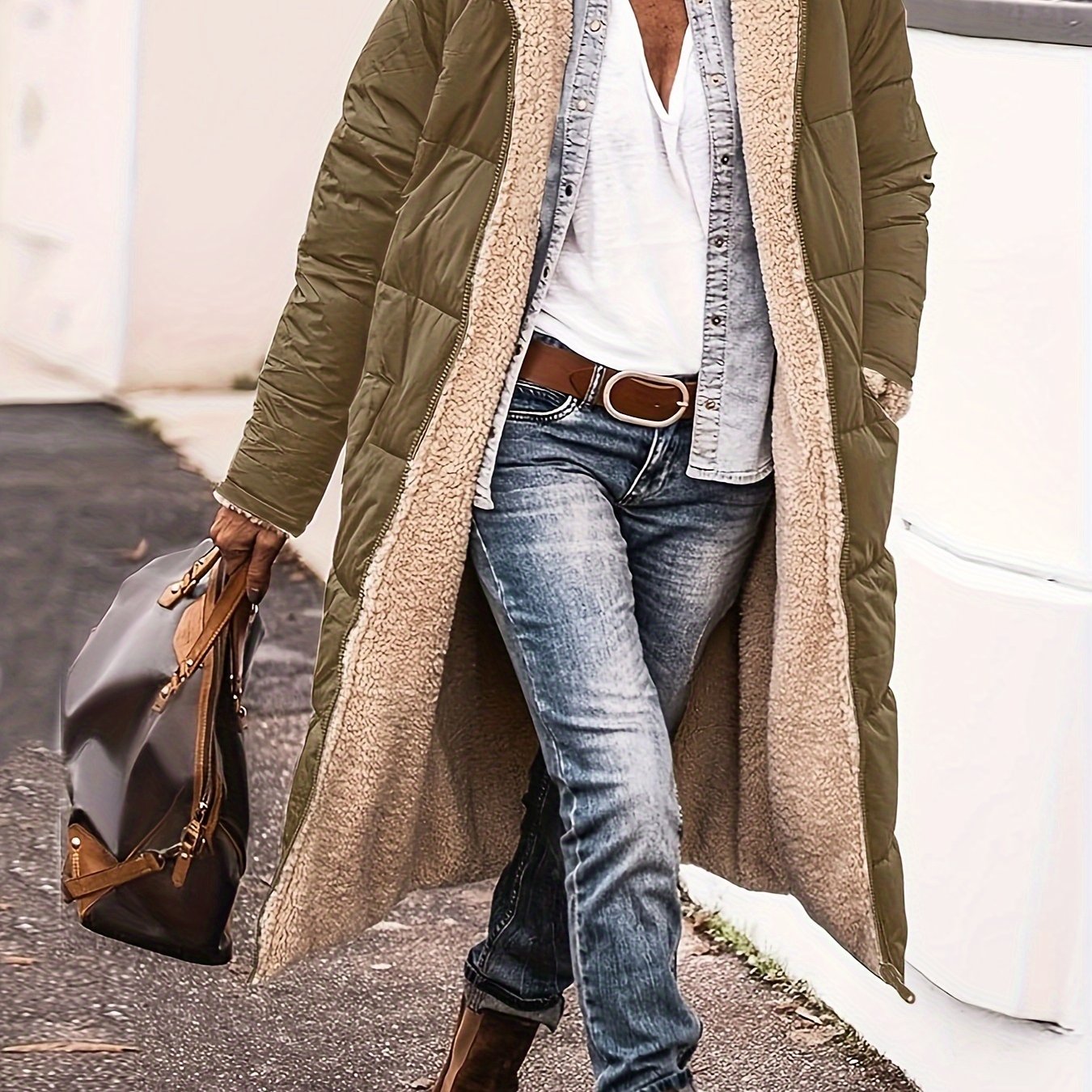 vlovelaw Zipper Front Color Block Coat, Versatile Long Sleeve Thermal Winter Outwear, Women's Clothing