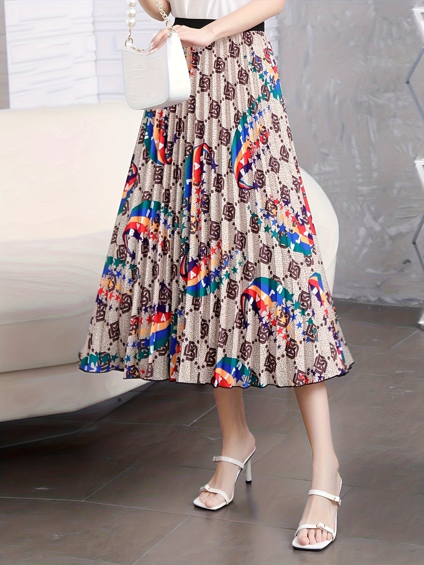 Plus Size Elegant Skirt, Women's Plus Geometric & Rainbow Print Elastic High Rise Pleated Maxi Skirt