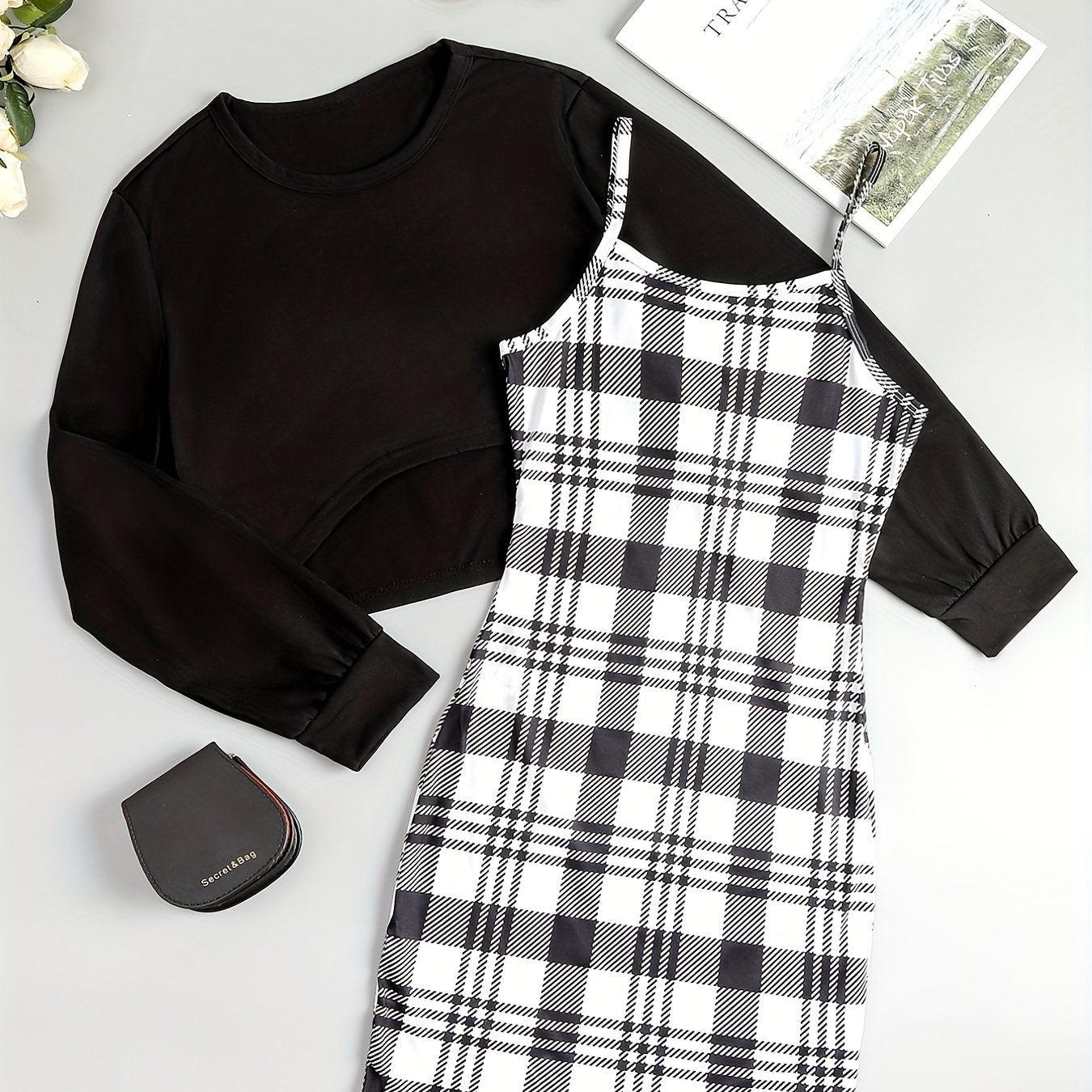 vlovelaw Casual Two-piece Dress Set, Asymmetrical Hem Long Sleeve Crop T-shirt & Plaid Pattern Cami Dress Outfits, Women's Clothing