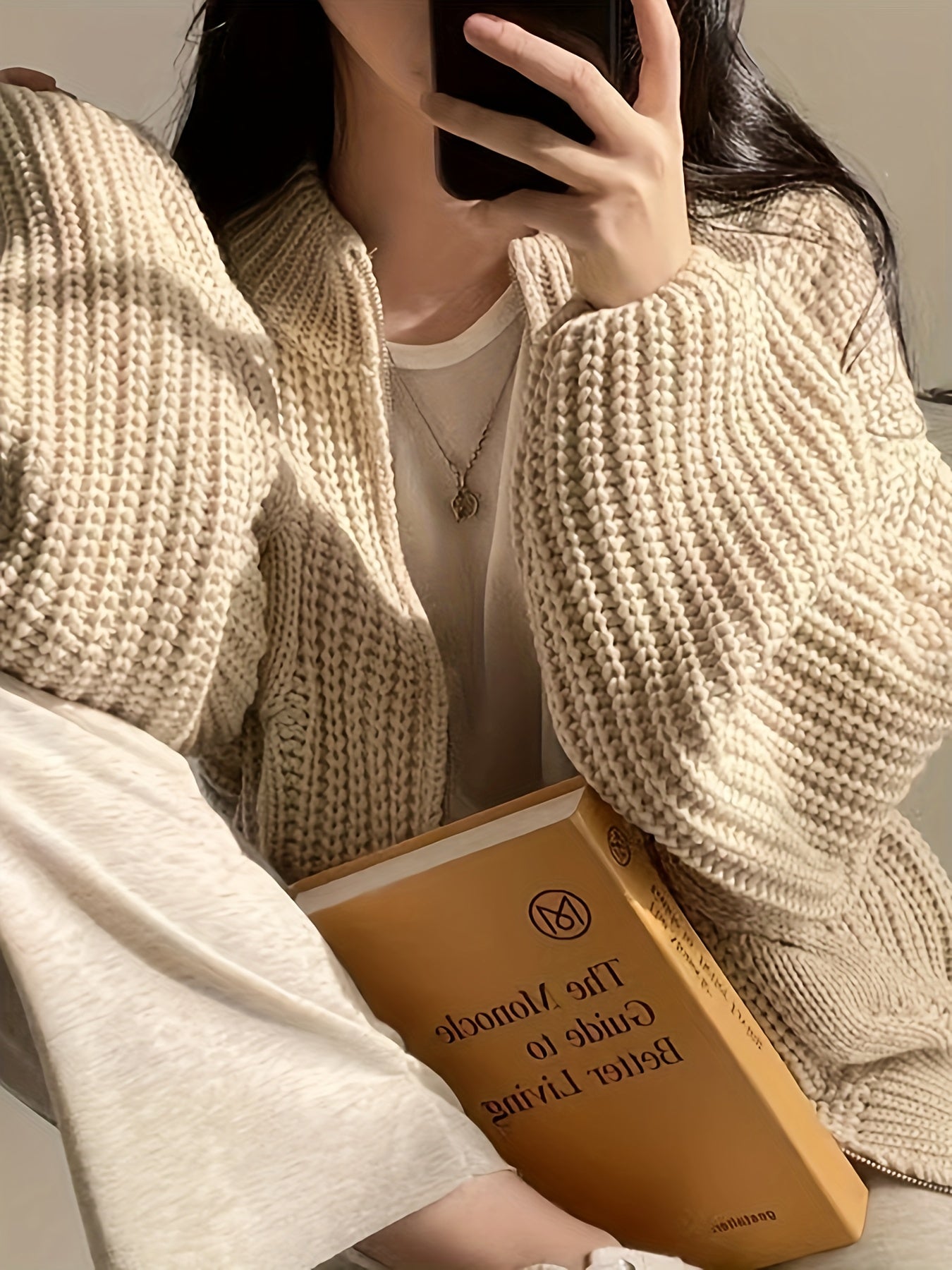 vlovelaw vlovelaw Solid Zip Up Chunky Cable Knit Cardigan, Casual Long Sleeve Loose Sweater, Women's Clothing