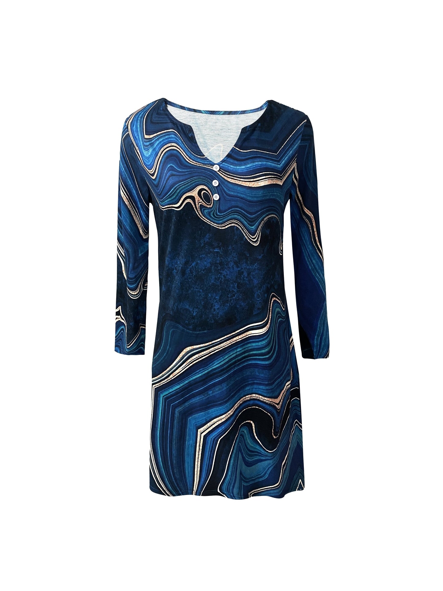 Abstract Print Long Sleeve Dress, Casual Notch Neck Button Dress For Spring & Fall, Women's Clothing