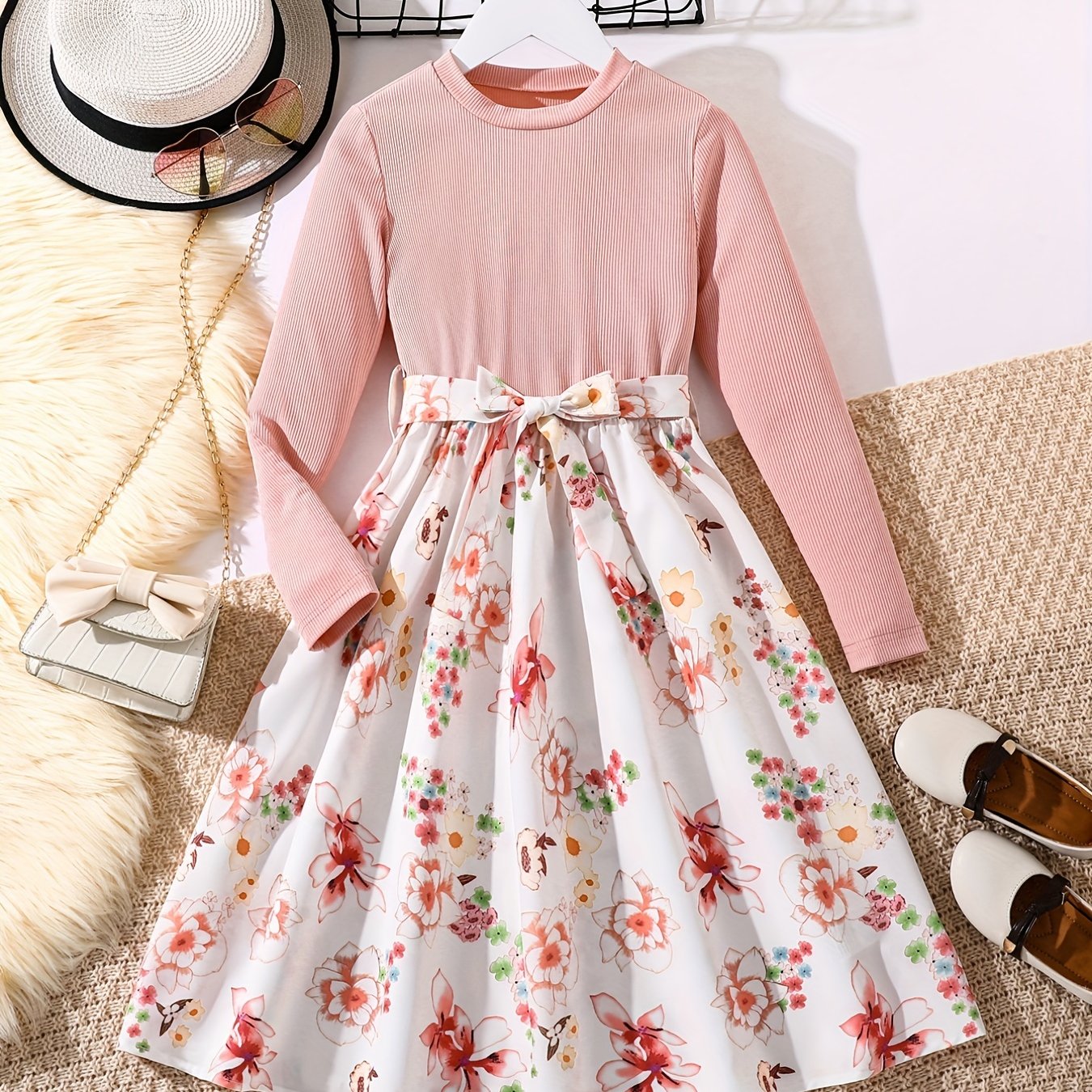 vlovelaw Girls Long Sleeves Round Neck Flowers Splicing Belted Dress For Party Kids Spring Clothes