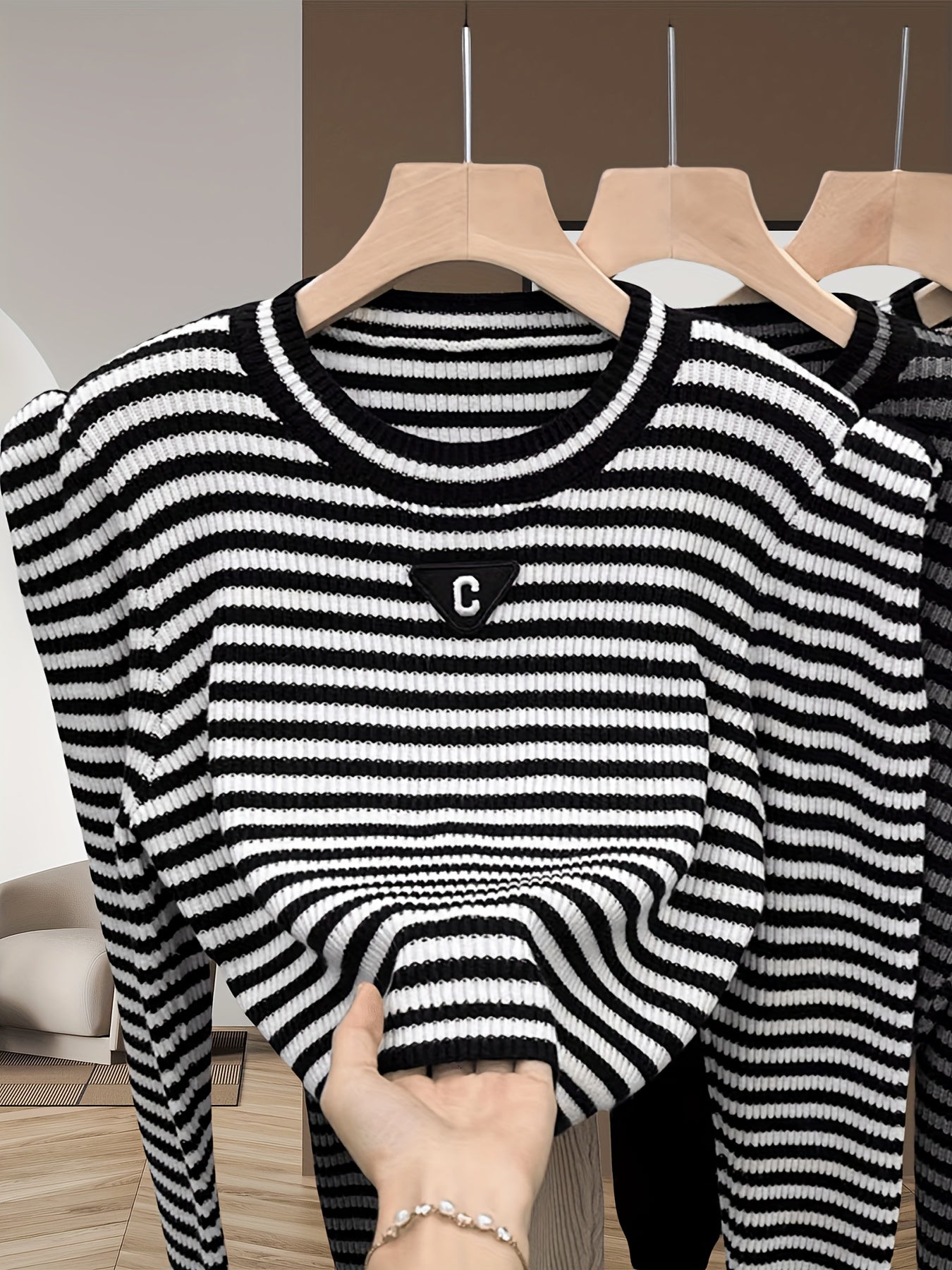 vlovelaw Striped Crew Neck Knitted Top, Elegant Puff Sleeve Crop Stylish Sweater, Women's Clothing