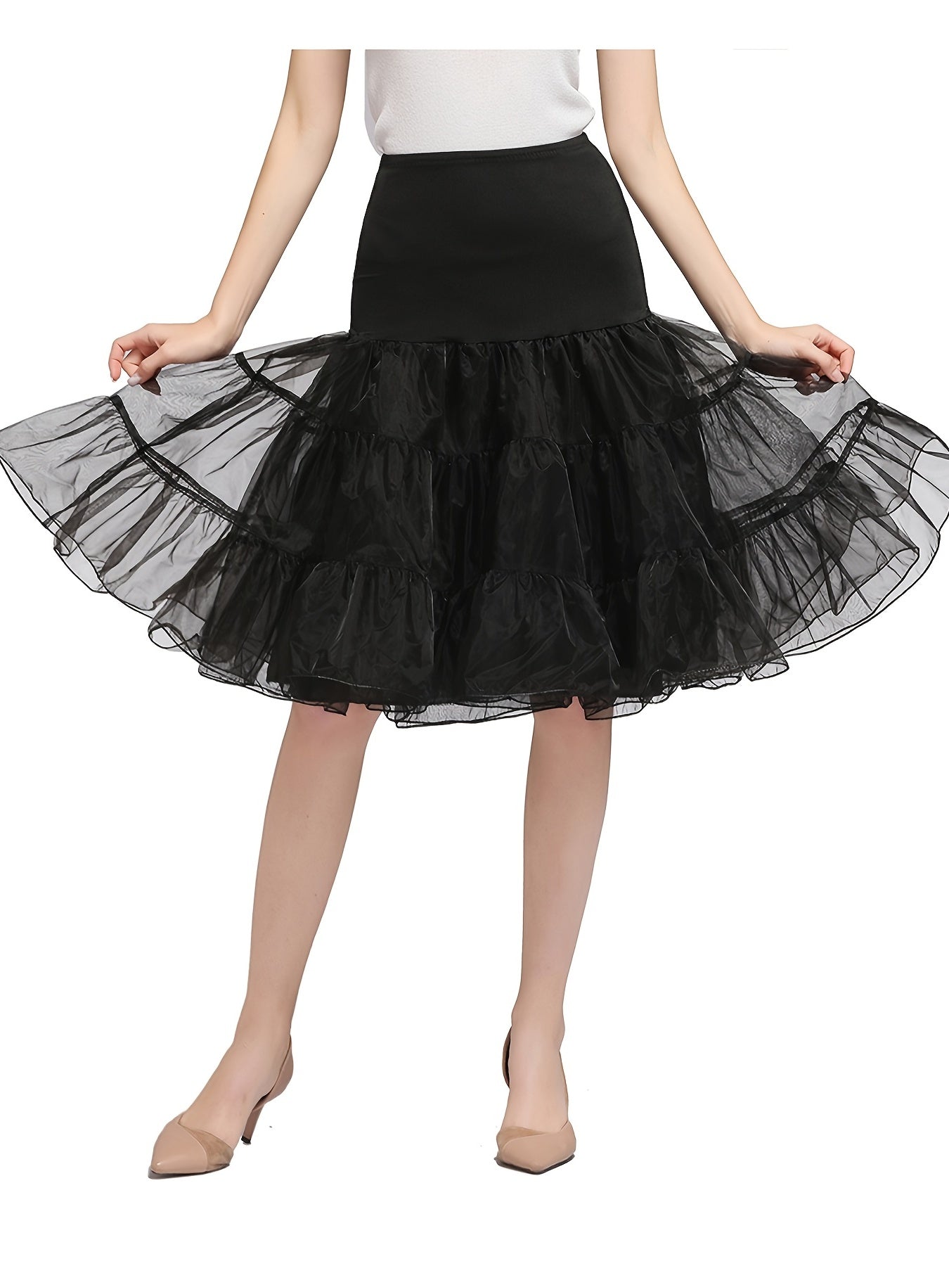vlovelaw Solid High Waist Ruffled Hem Vintage Skirts, Casual Dancing Short Skirts, Women's Clothing