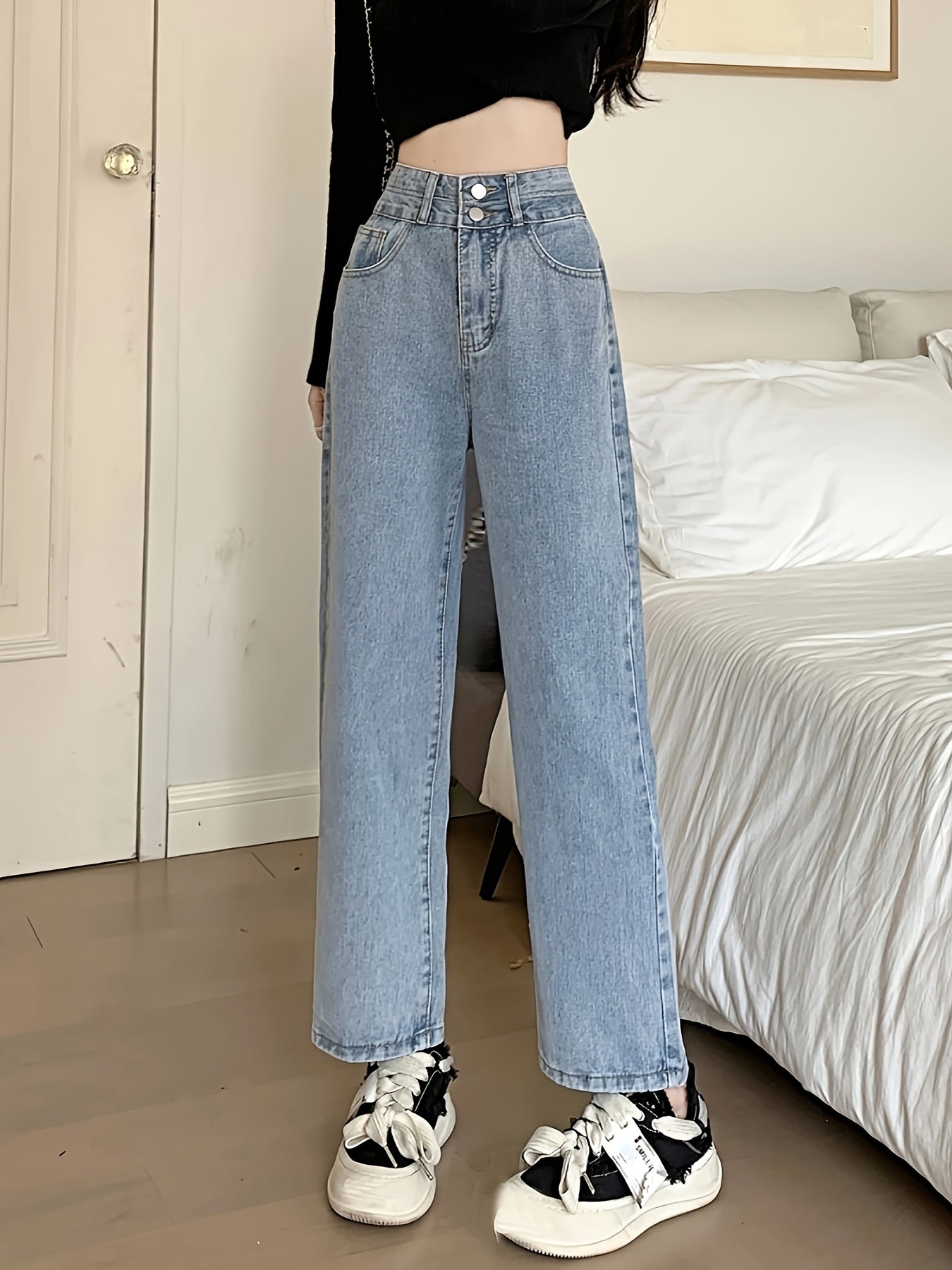 vlovelaw Double Buttons Plain Straight Leg Jeans, High Rise Loose Fit Washed Blue Denim Pants, Women's Denim Jeans & Clothing