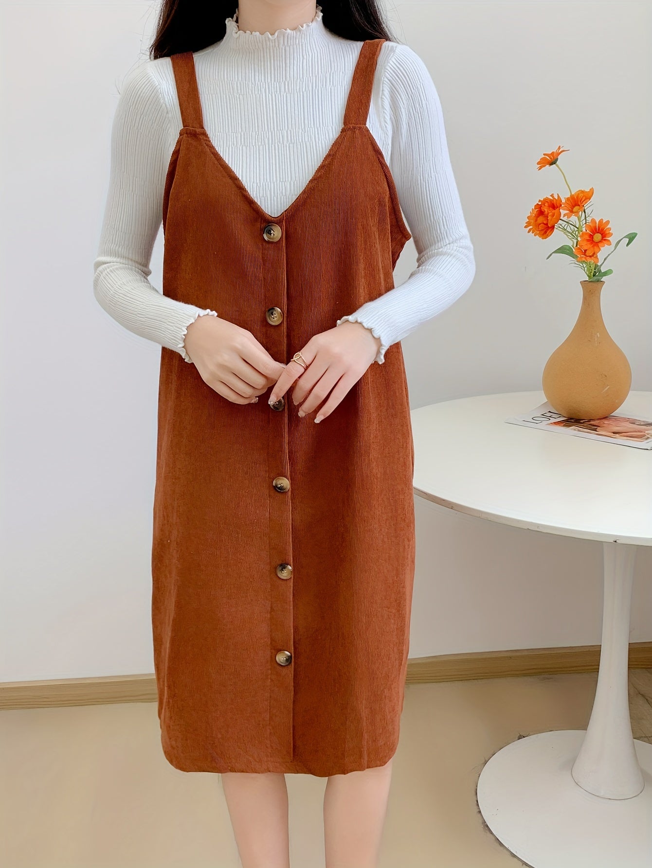 vlovelaw Button Front Solid Overall Dress, Casual V Neck Sleeveless Dress, Women's Clothing