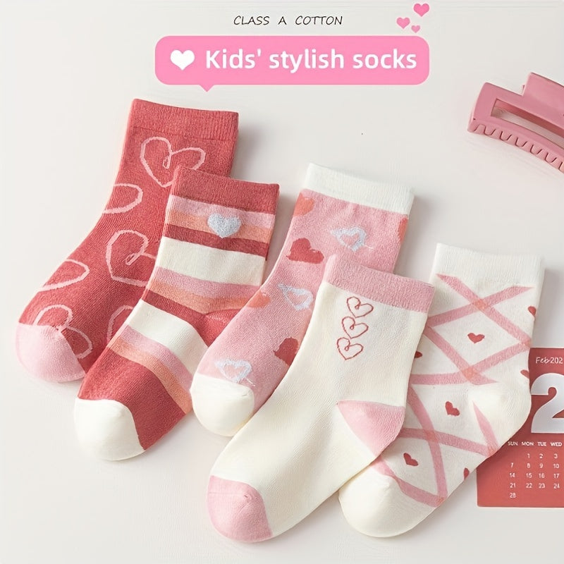 10pcs Kids' Cute Pink Floral & Heart Pattern Socks - Cozy Polyester Blend, Perfect for Fall/Winter - Mid-Calf Athletic & Floor Socks