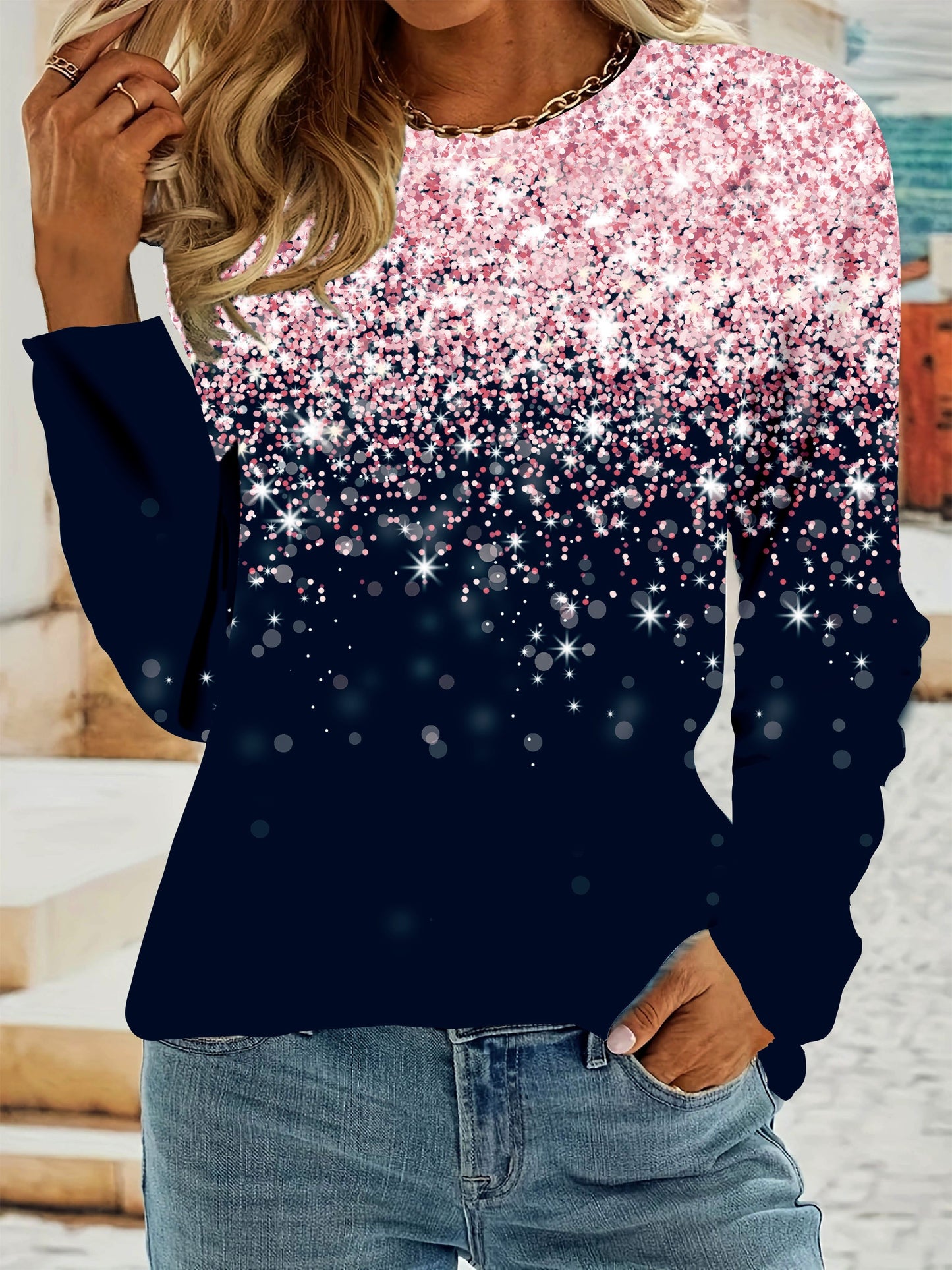 Sequin Print Gradient Crew Neck T-Shirt, Casual Long Sleeve Top For Spring & Fall, Women's Clothing