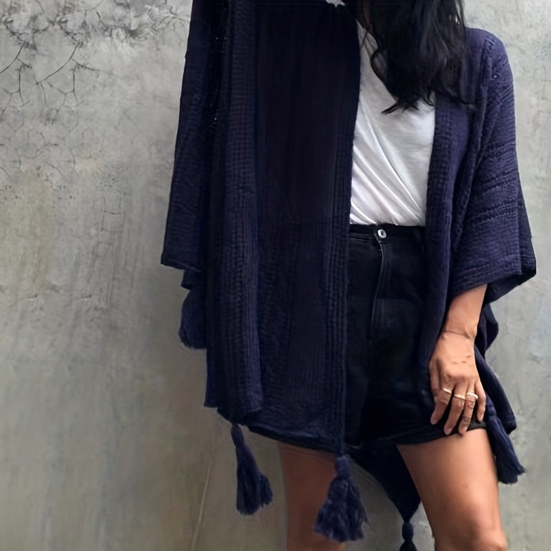 vlovelaw Ribbed Knitted Tassel Shawl Warm Windproof Wrap Poncho Boho Solid Color Cloak Trendy Sweater Cape Cardigan