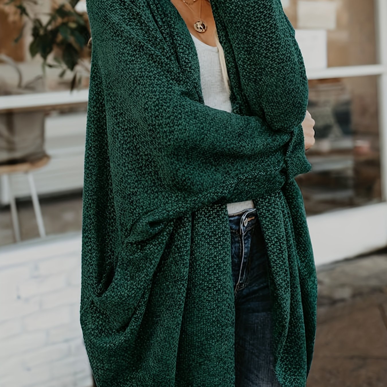 Solid Open Front Knit Cardigan, Casual Batwing Sleeve Mid Length Sweater, Women's Clothing