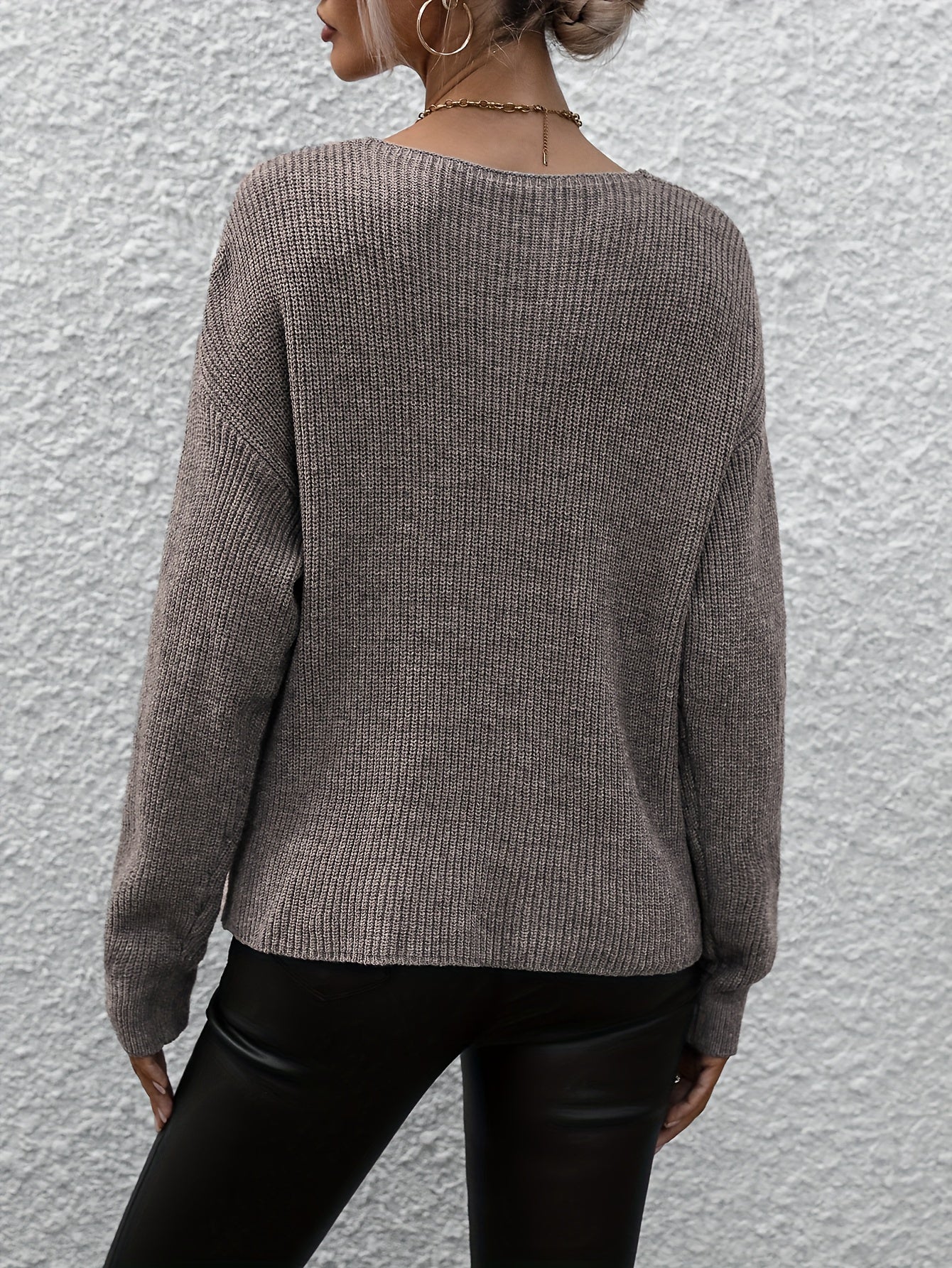 vlovelaw Surplice Neck Knitted Pullover Top, Casual Long Sleeve Sweater For Fall & Winter, Women's Clothing