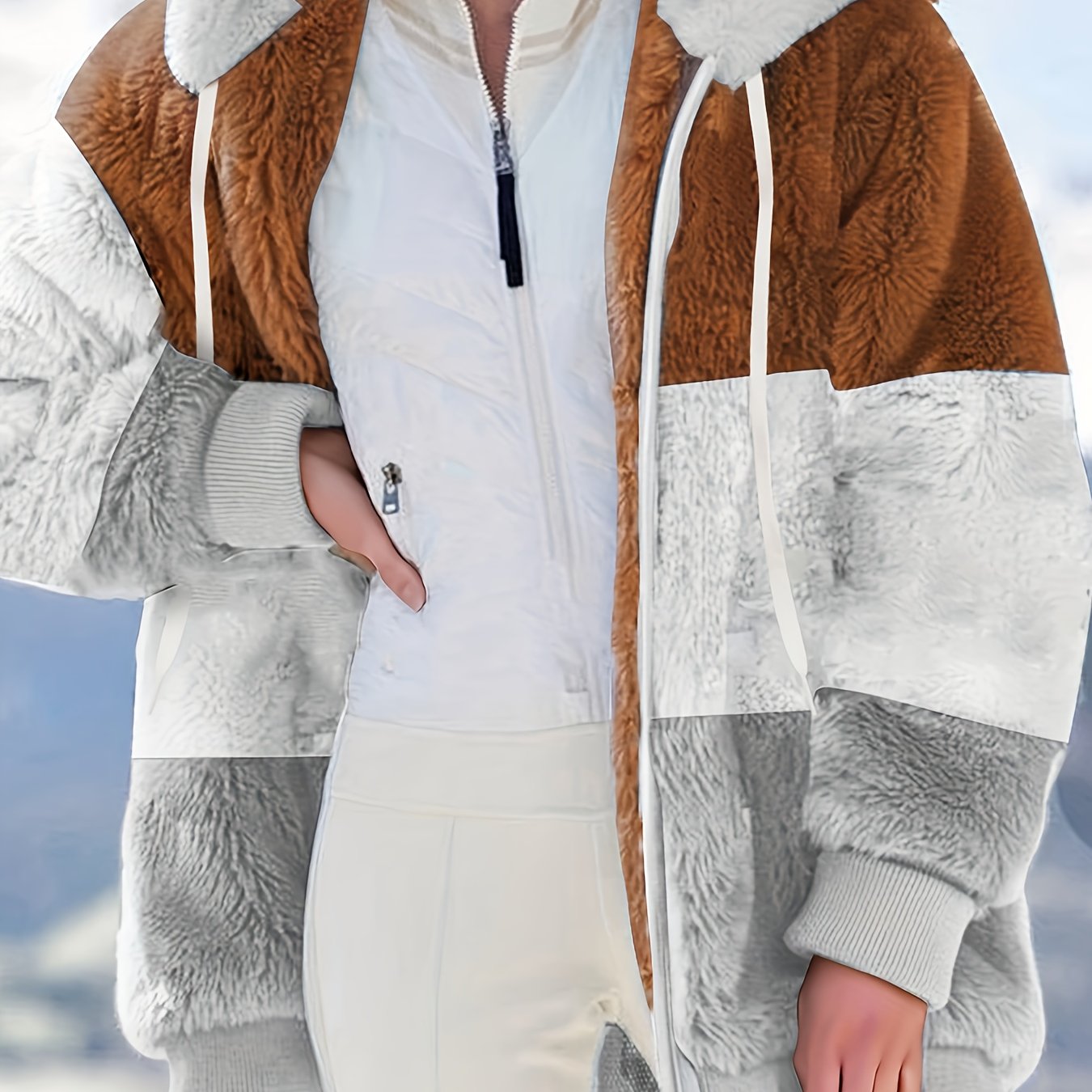 vlovelaw Plus Size Colorblock Fuzzy Hoodie Drawstring Zip Up Coat, Women's Plus Pocket Casual Overcoat
