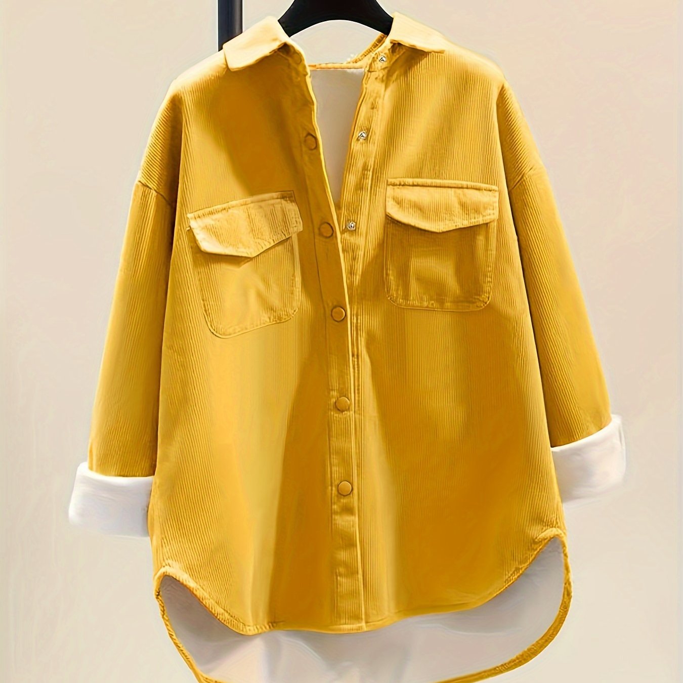 Button Front Plush Lined Solid Jacket, Casual Collared Long Sleeve Outerwear, Women's Clothing