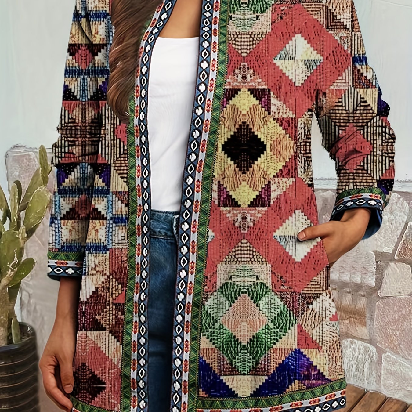 Ethnic Print Open Front Jacket, Vintage Long Sleeve Crew Neck Outerwear, Women's Clothing