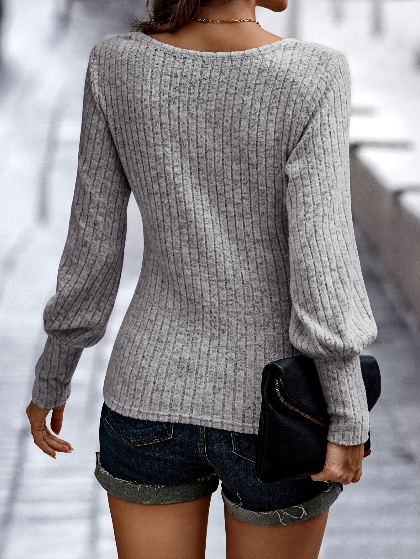 vlovelaw Solid Rib Knit T-shirt, Casual Crew Neck Long Sleeve T-shirt, Women's Clothing