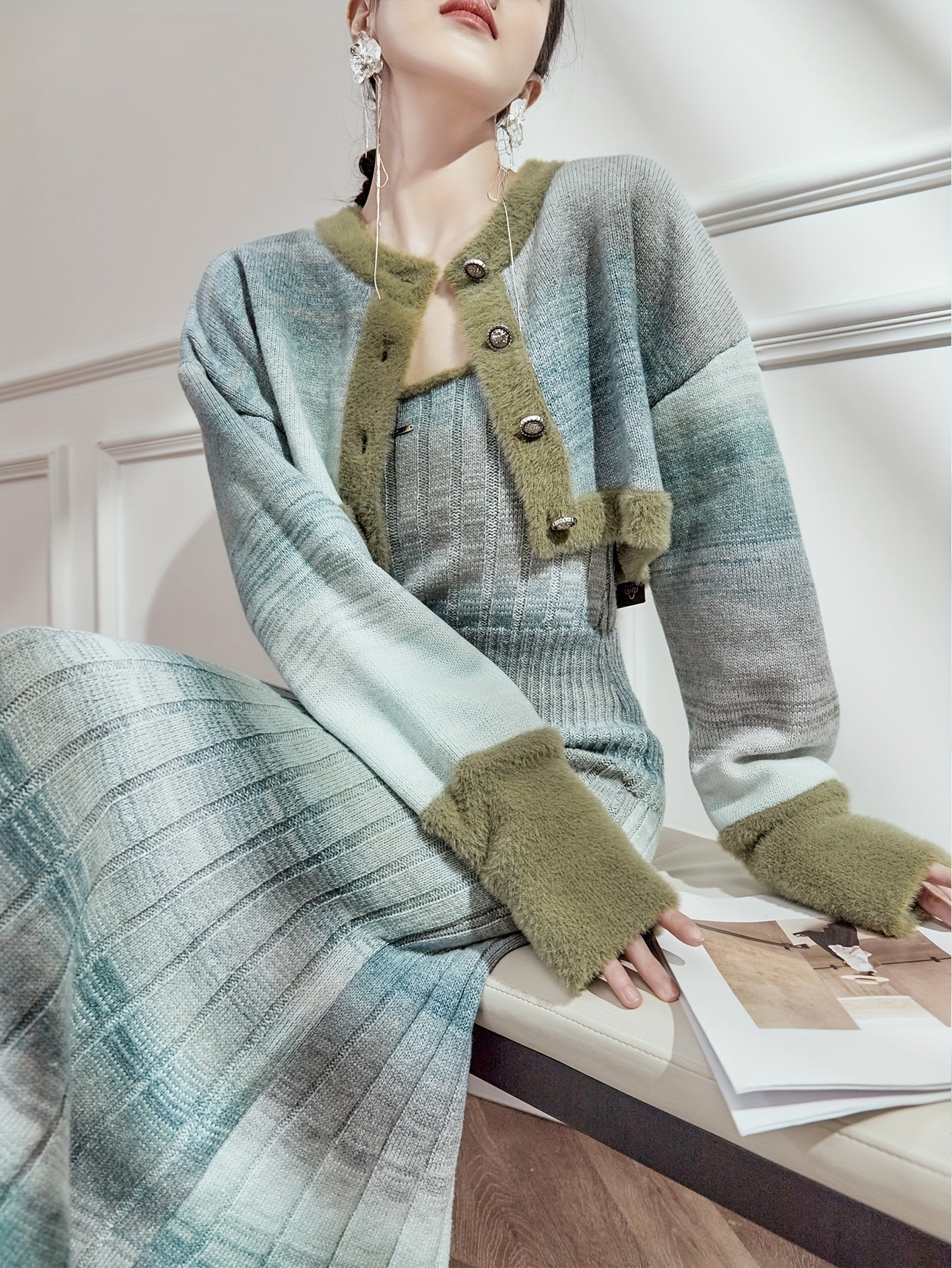 vlovelaw  Elegant Slim Two-piece Dress Set, Long Sleeve Button Front Crop Coat & Slim Pleated Long Length Dress Outfits, Women's Clothing