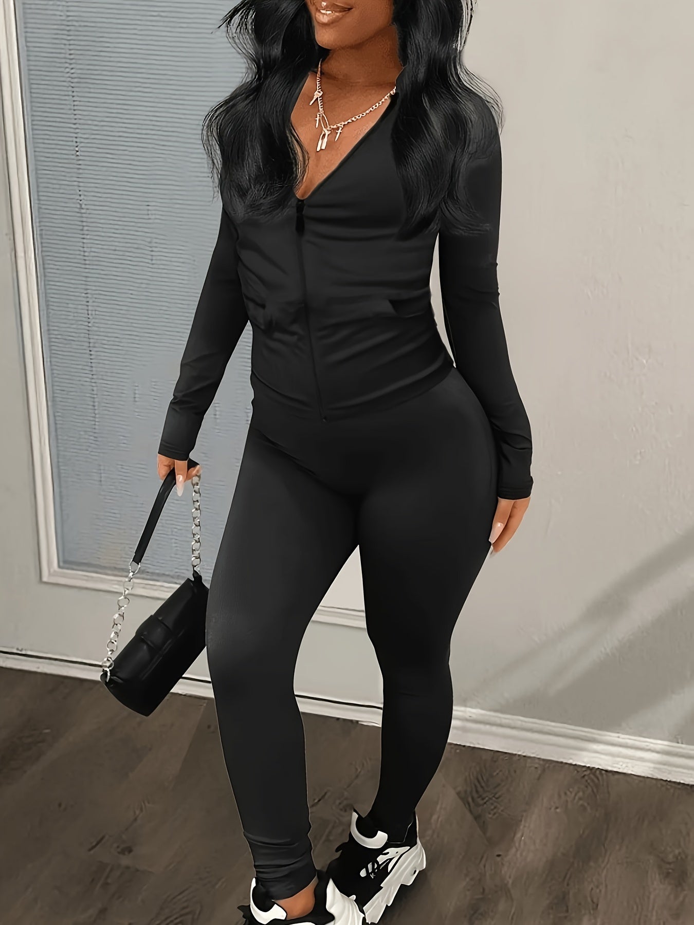 vlovelaw Solid Two-piece Set, Casual Zip Up Slim Hoodie & Skinny Pants Outfits, Women's Clothing
