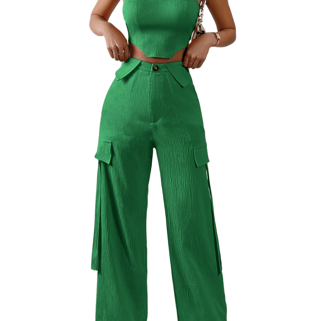 vlovelaw Solid Color Two-piece Set, Tie Back Tube Top & Pants Outfits, Women's Clothing