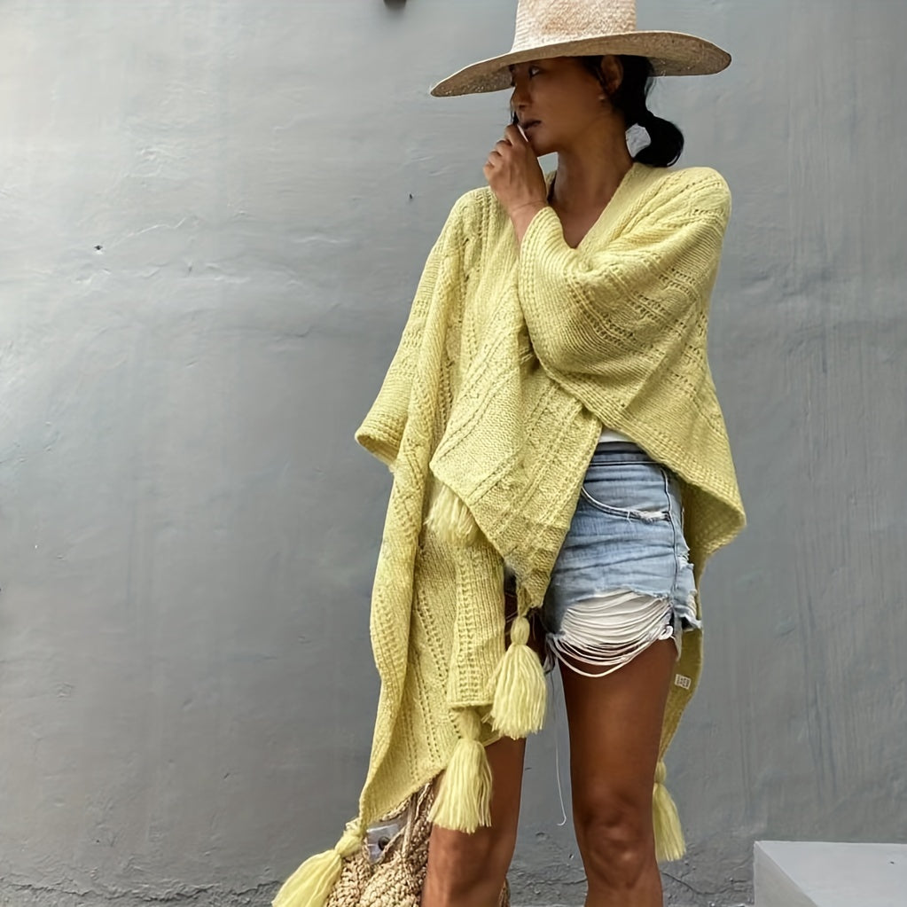 vlovelaw Ribbed Knitted Tassel Shawl Warm Windproof Wrap Poncho Boho Solid Color Cloak Trendy Sweater Cape Cardigan