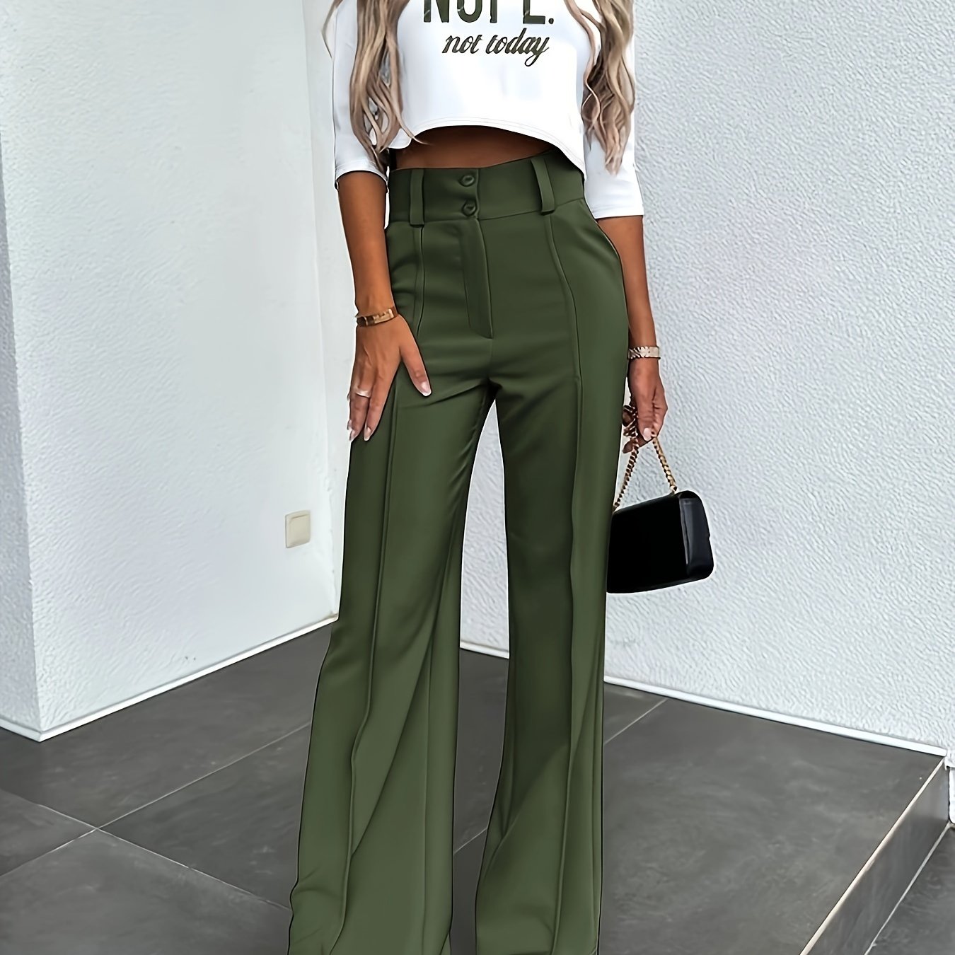 vlovelaw Casual Two-piece Set, Letter Print Mock Neck Top & Solid Pants Outfits, Women's Clothing