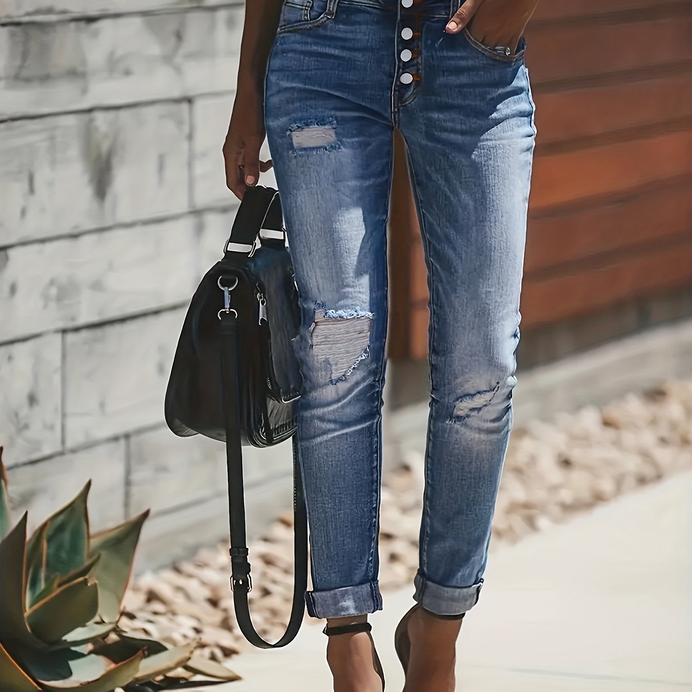 Blue Ripped Holes Denim Jeans, Slim Fit Single-Breasted Button High-Stretch Casual Denim Pants, Women's Denim Jeans & Clothing