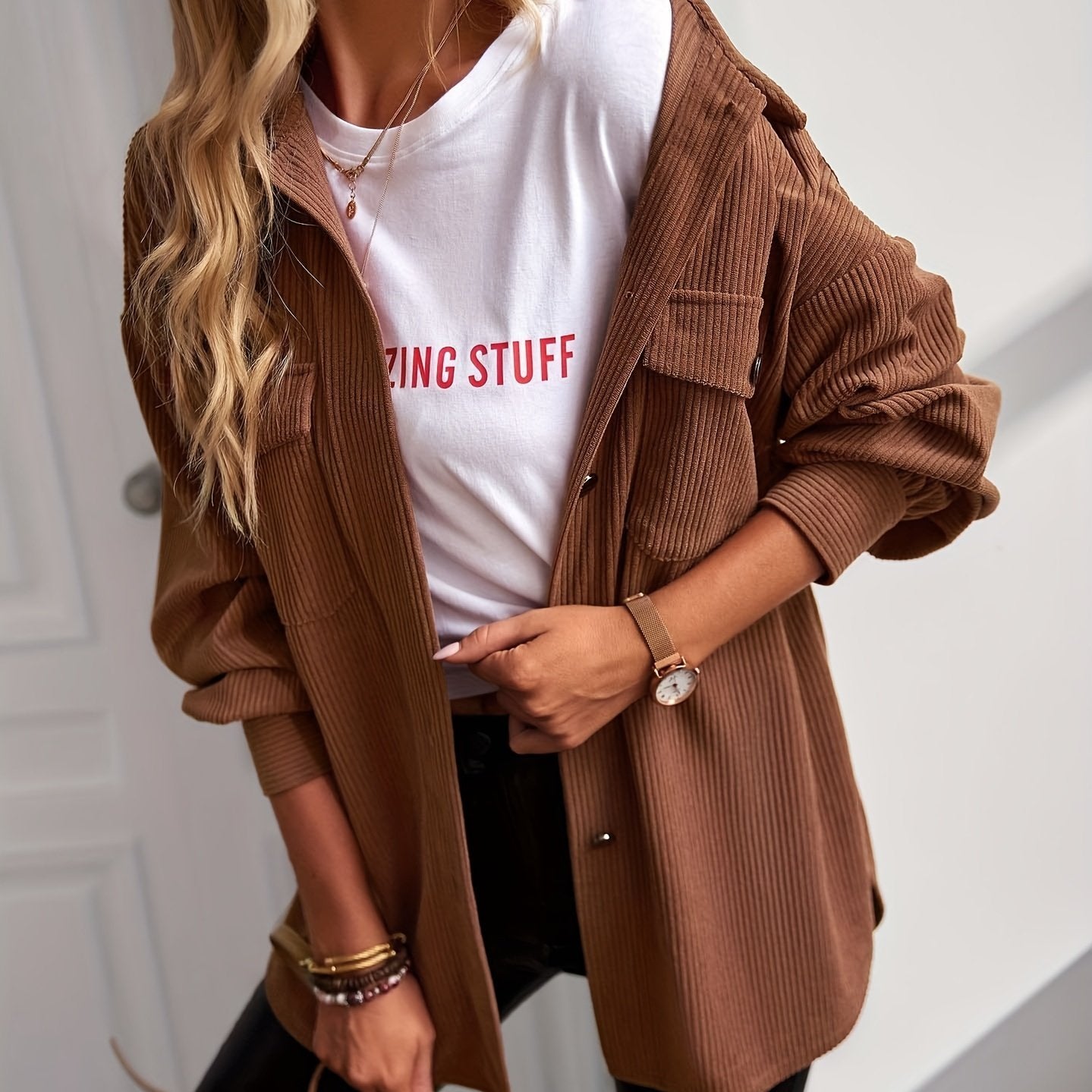 Button Front Solid Jacket, Casual Long Sleeve Versatile Outerwear, Women's Clothing