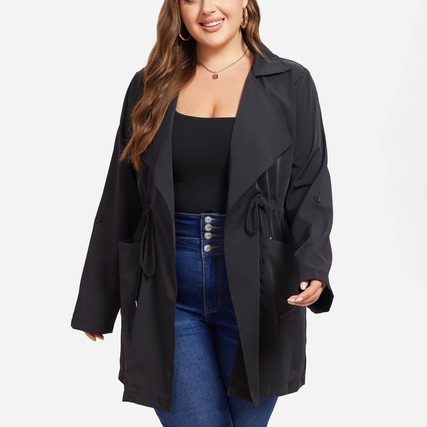 vlovelaw Plus Size Drawstring Pockets Coat, Casual Long Sleeve Lapel Coat For Fall, Women's Plus Size Clothing