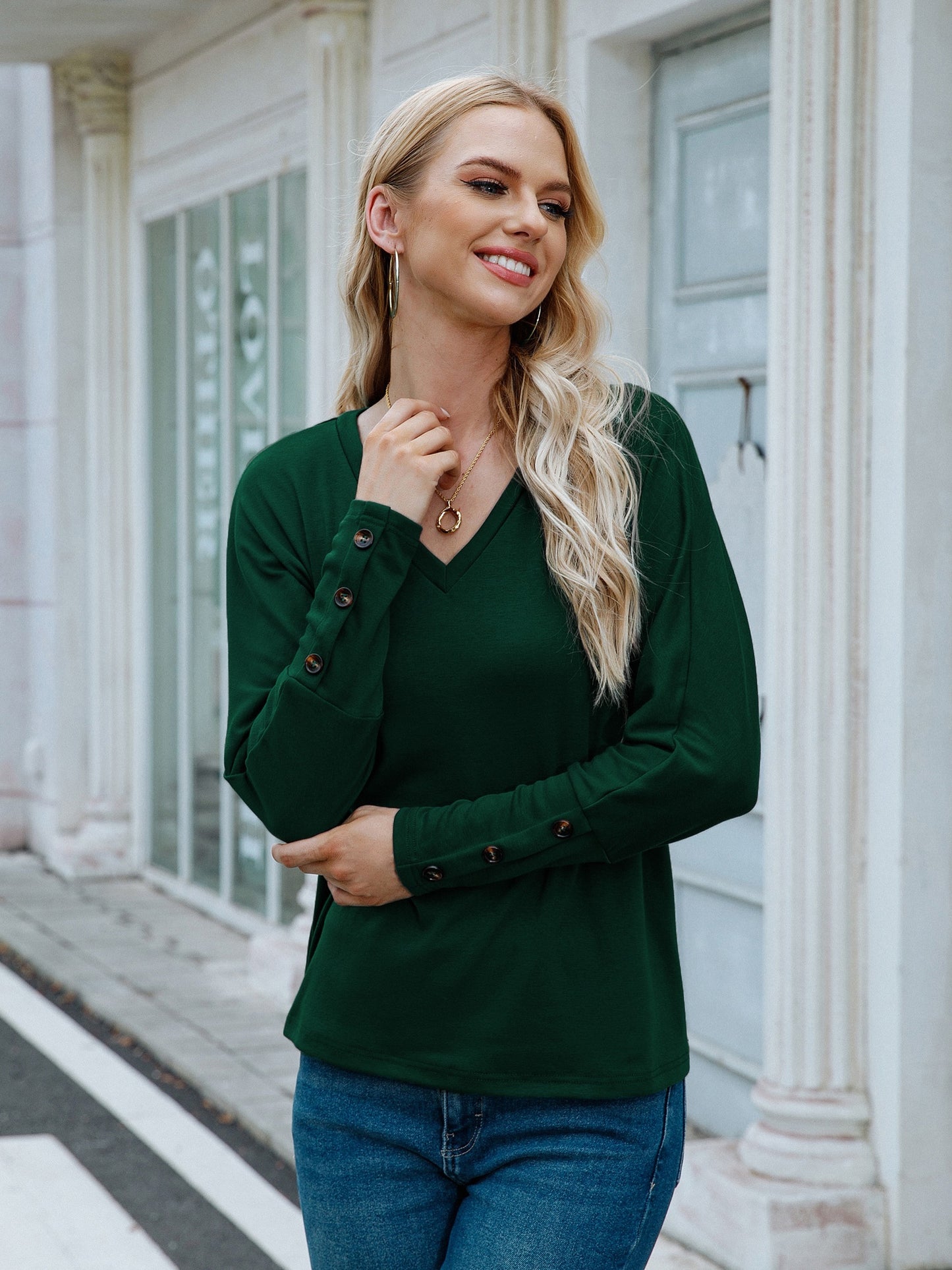 vlovelaw V Neck Oversized T-shirt, Casual Loose Long Sleeve Fashion T-Shirts Tops, Women's Clothing