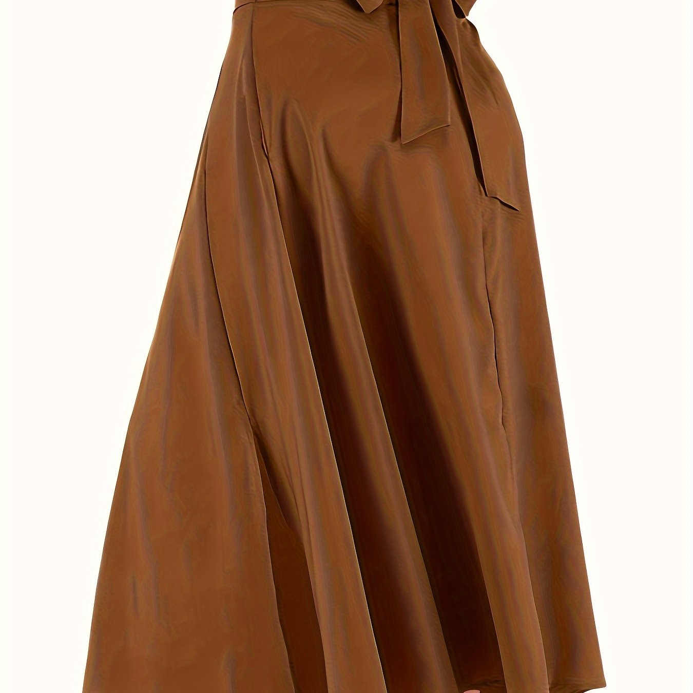 Plus Size Casual Skirt, Women's Plus Solid High Rise Belted Zipper Back A-line Skirt