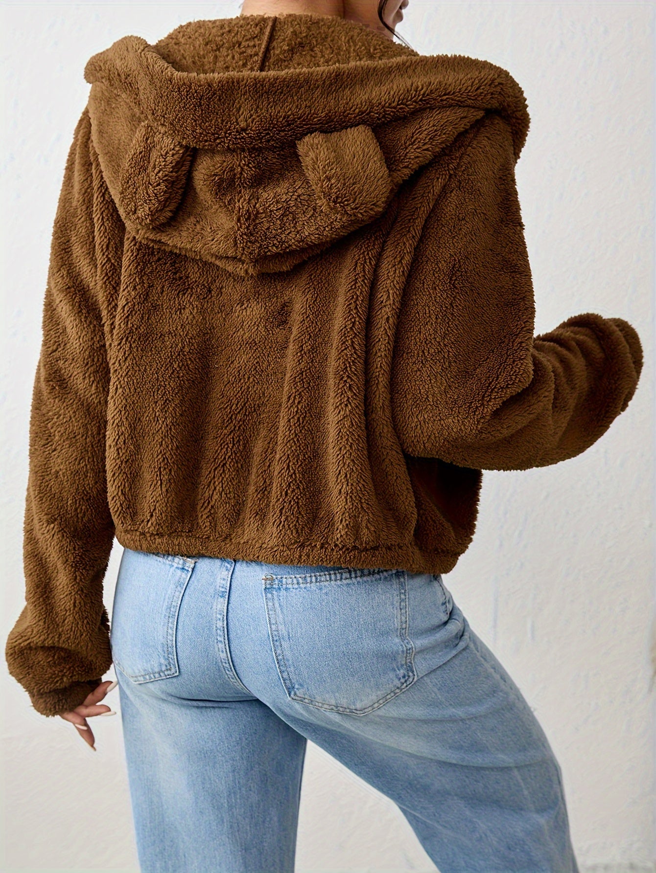 Bear Ears Hooded Fall & Winter Jacket, Elegant Solid Zip Up Long Sleeve Outerwear, Women's Clothing