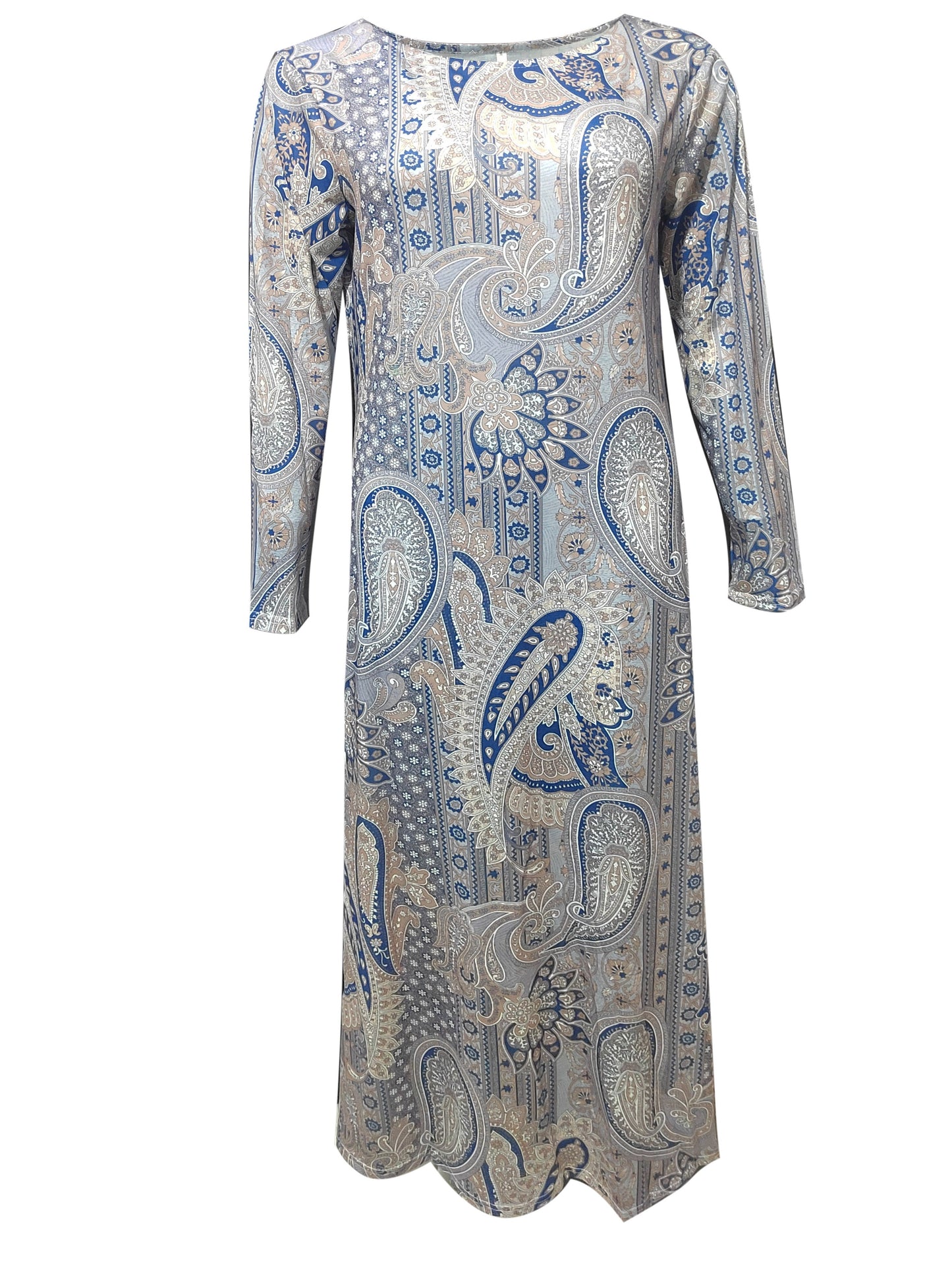 Paisley Print Maxi Dress, Boho Crew Neck Long Sleeve Maxi Dress, Women's Clothing