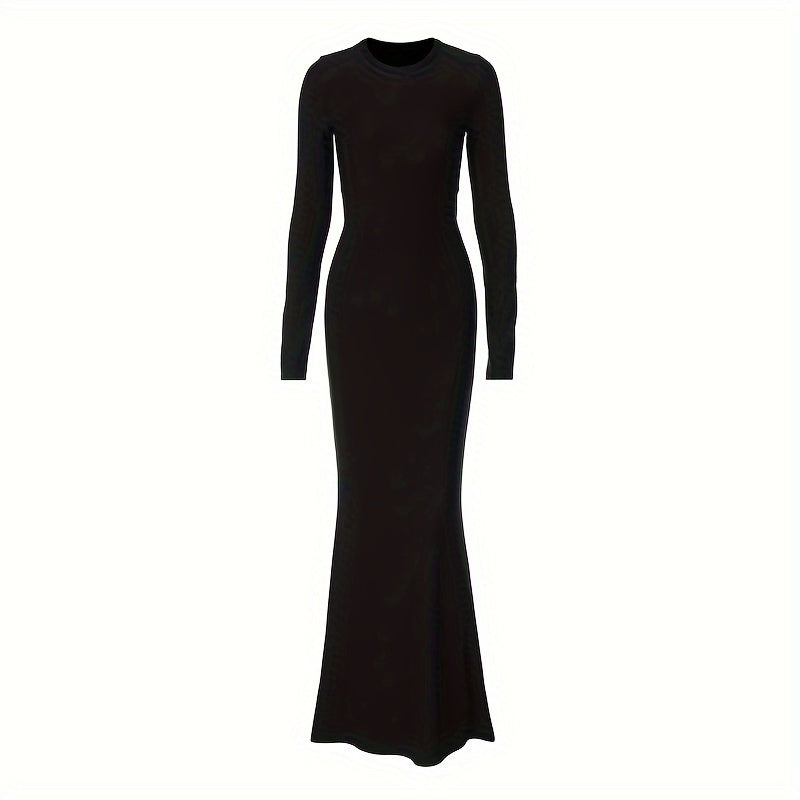 Slim Solid Color Dress, Elegant Long Sleeve Dress For Spring & Fall, Women's Clothing