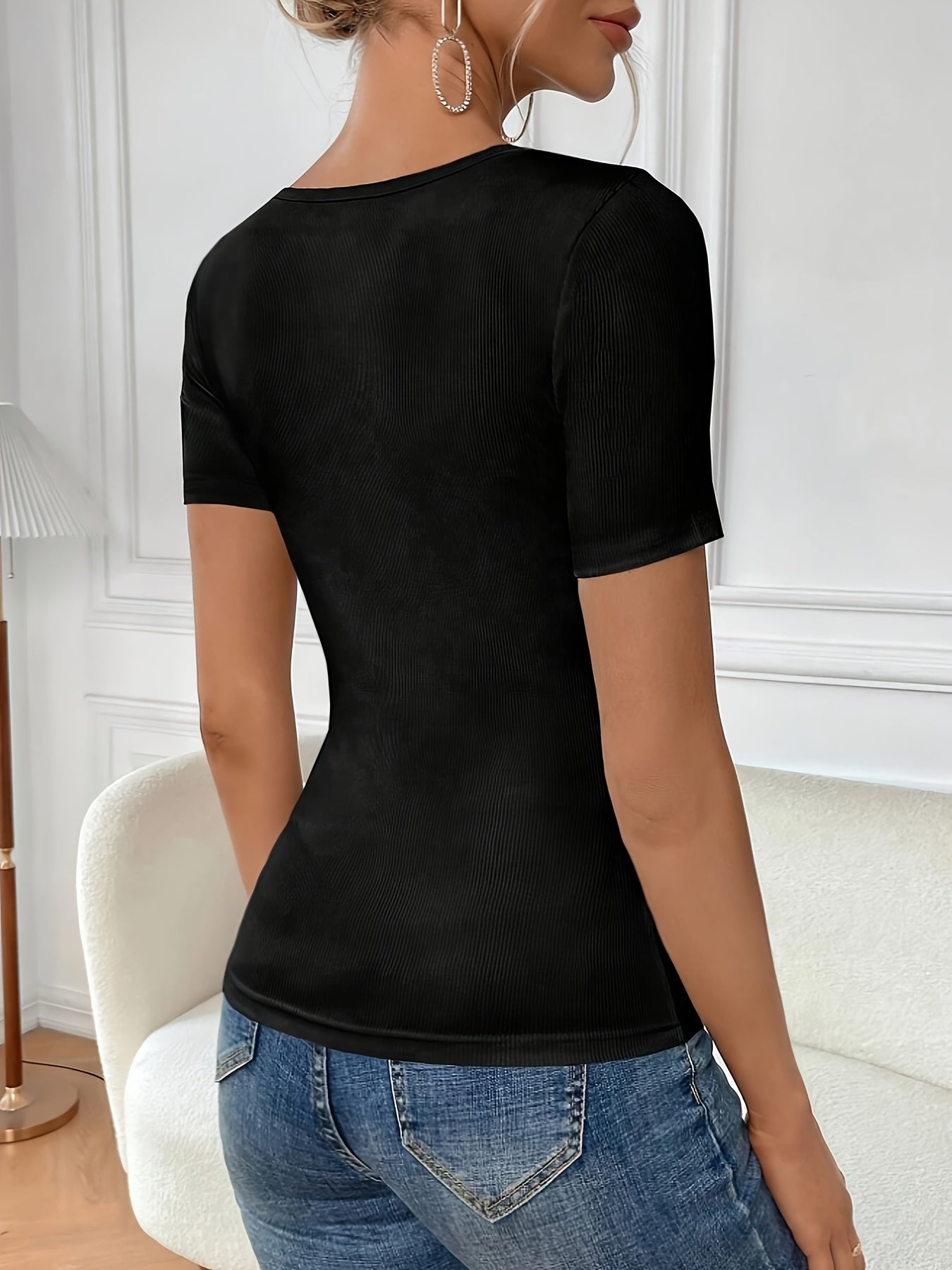 vlovelaw  Cut Out Slim T-Shirt, Elegant Short Sleeve Top For Spring & Summer, Women's Clothing