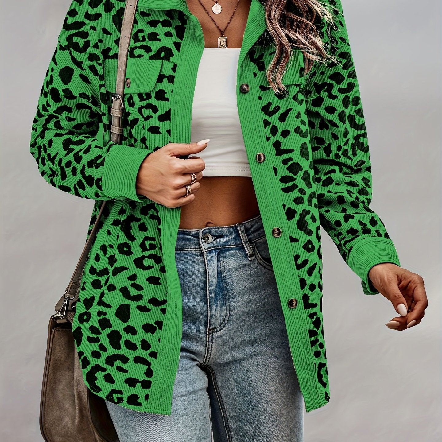vlovelaw Leopard Print Shacket Jacket, Casual Button Front Turn Down Collar Long Sleeve Outerwear, Women's Clothing