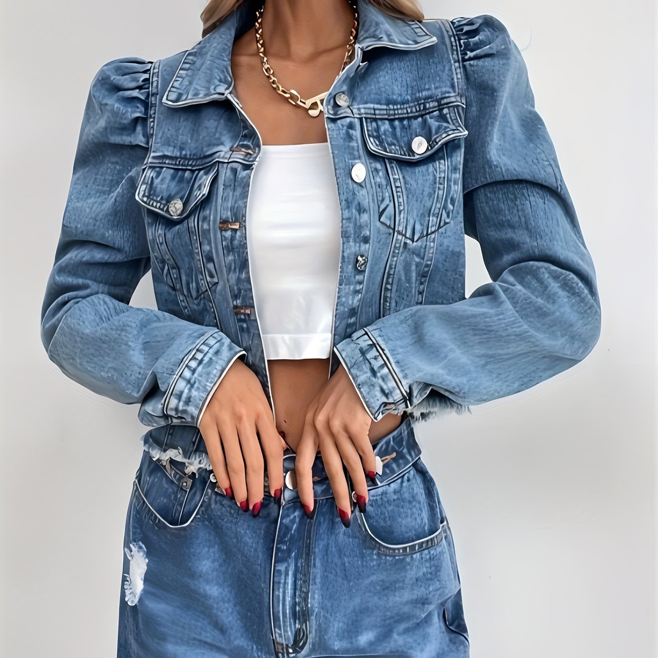 Blue Puff Long Sleeves Denim Jackets, Raw Hem Washed Cropped Lapel Denim Coats, Women's Denim Clothing