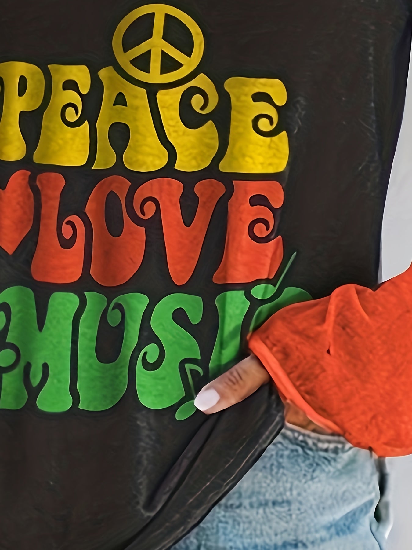 Plus Size Casual T-shirt, Women's Plus Colorblock Letter & Guitar Print Long Sleeve V Neck Slight Stretch T-shirt