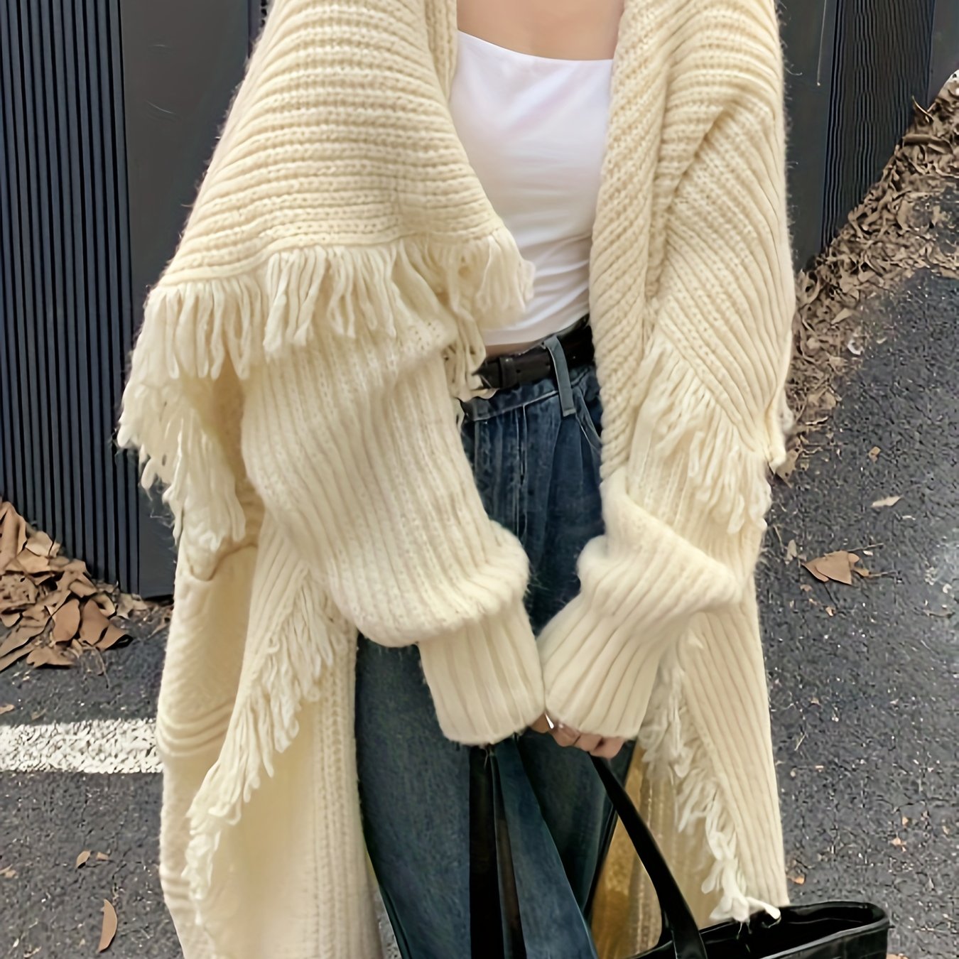 vlovelaw vlovelaw Fringe Trim Open Front Solid Cardigan, Long Sleeve Cardigan For Fall & Winter, Women's Clothing