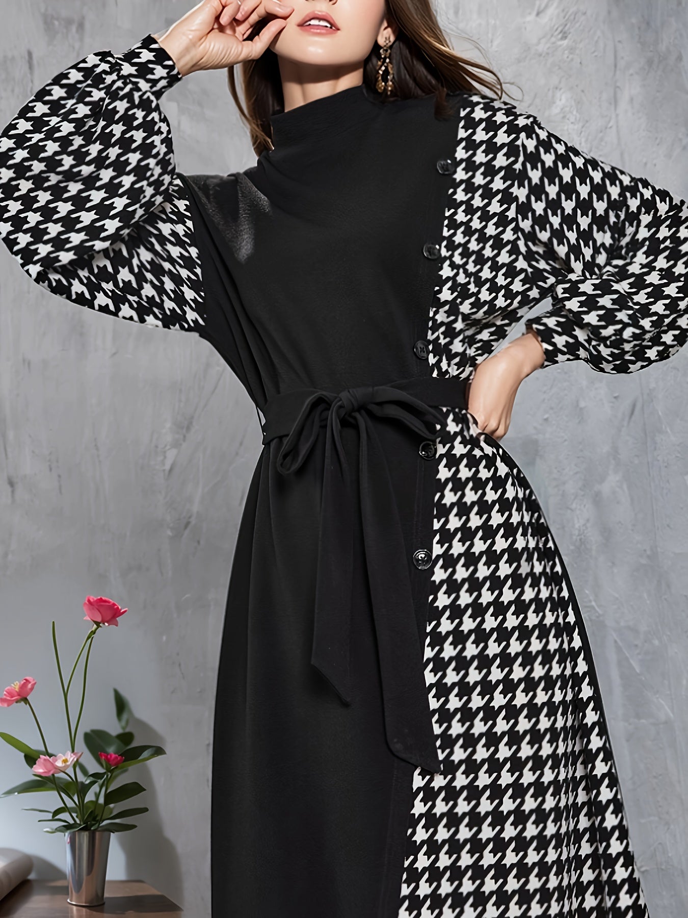 vlovelaw Houndstooth Print Splicing Mock Neck Dress, Casual Cinched Waist Long Sleeve Belted Dress, Women's Clothing