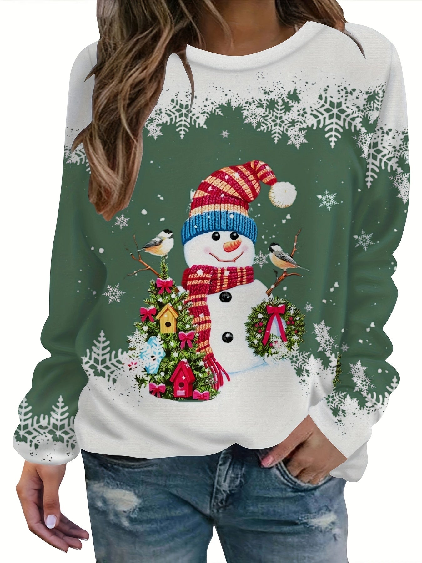 vlovelaw Christmas Snowman Printed Warm Sports Sweatshirts, Long-sleeved Round Neck Casual Sports Pullover Tops For Winter And Autumn, Women's Sporty Sweatshirts